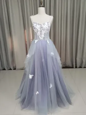 A line Tulle Lace Long Formal Dress Lace Tulle Prom Dress
