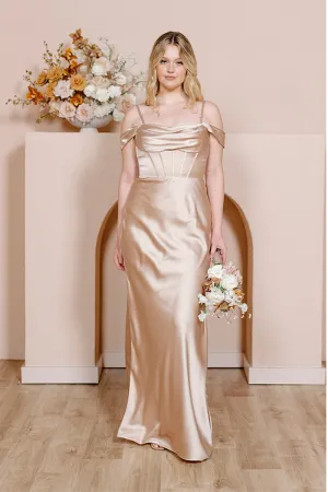 B4151 - Off-Shoulder Ruched Satin Sheath Long Bridesmaid Dress With Slit