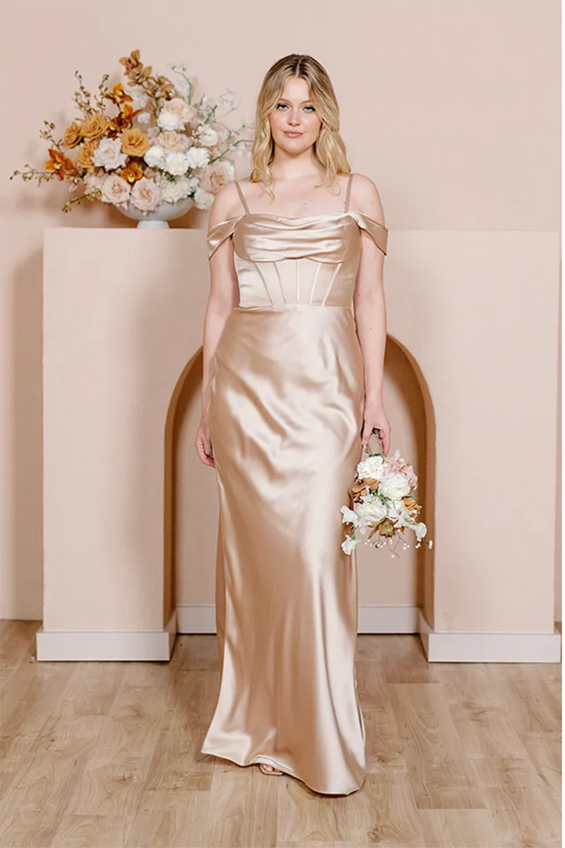 B4151 - Off-Shoulder Ruched Satin Sheath Long Bridesmaid Dress With Slit