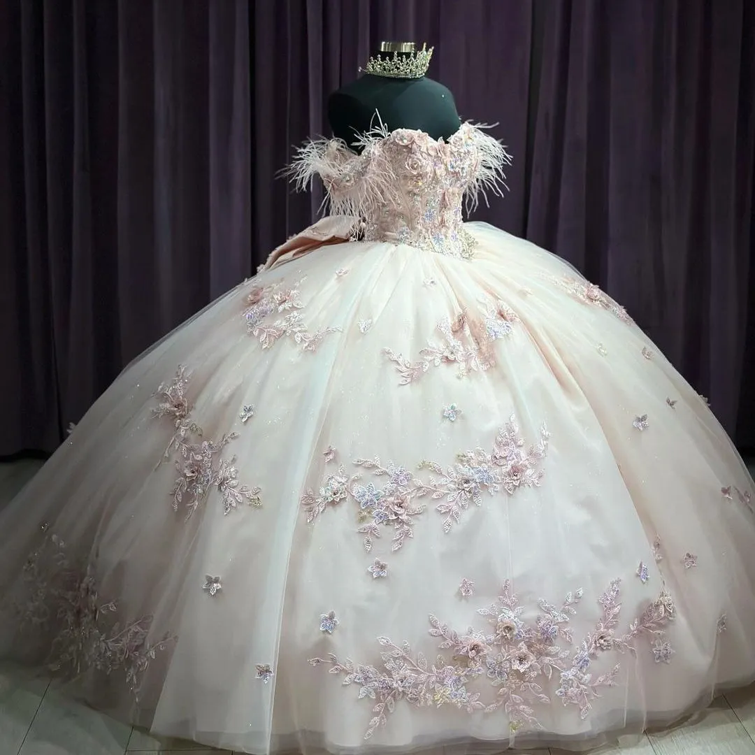 Ball Gown Off Shoulder Feather Flowers Lace Appliques Beaded Bow Knot Quinceanera Dress Princess Birthday Party Gown For Sweet 16