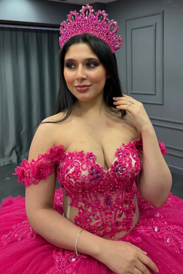 Ball Gown Off Shoulder Sleeveless Appliques Beaded Pleated Glitter Hot Pink Tulle Quinceanera Dress Birthday Party Dress