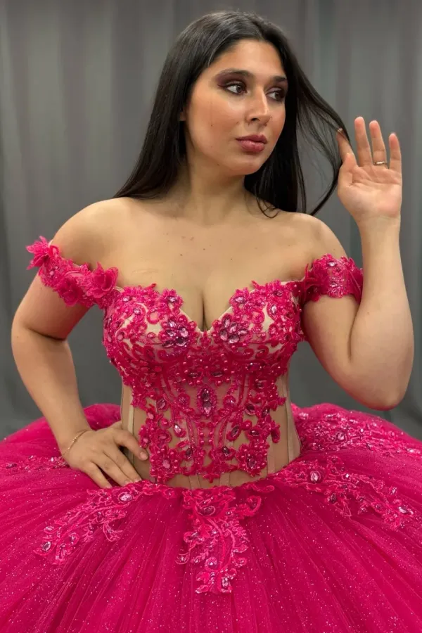 Ball Gown Off Shoulder Sleeveless Appliques Beaded Pleated Glitter Hot Pink Tulle Quinceanera Dress Birthday Party Dress