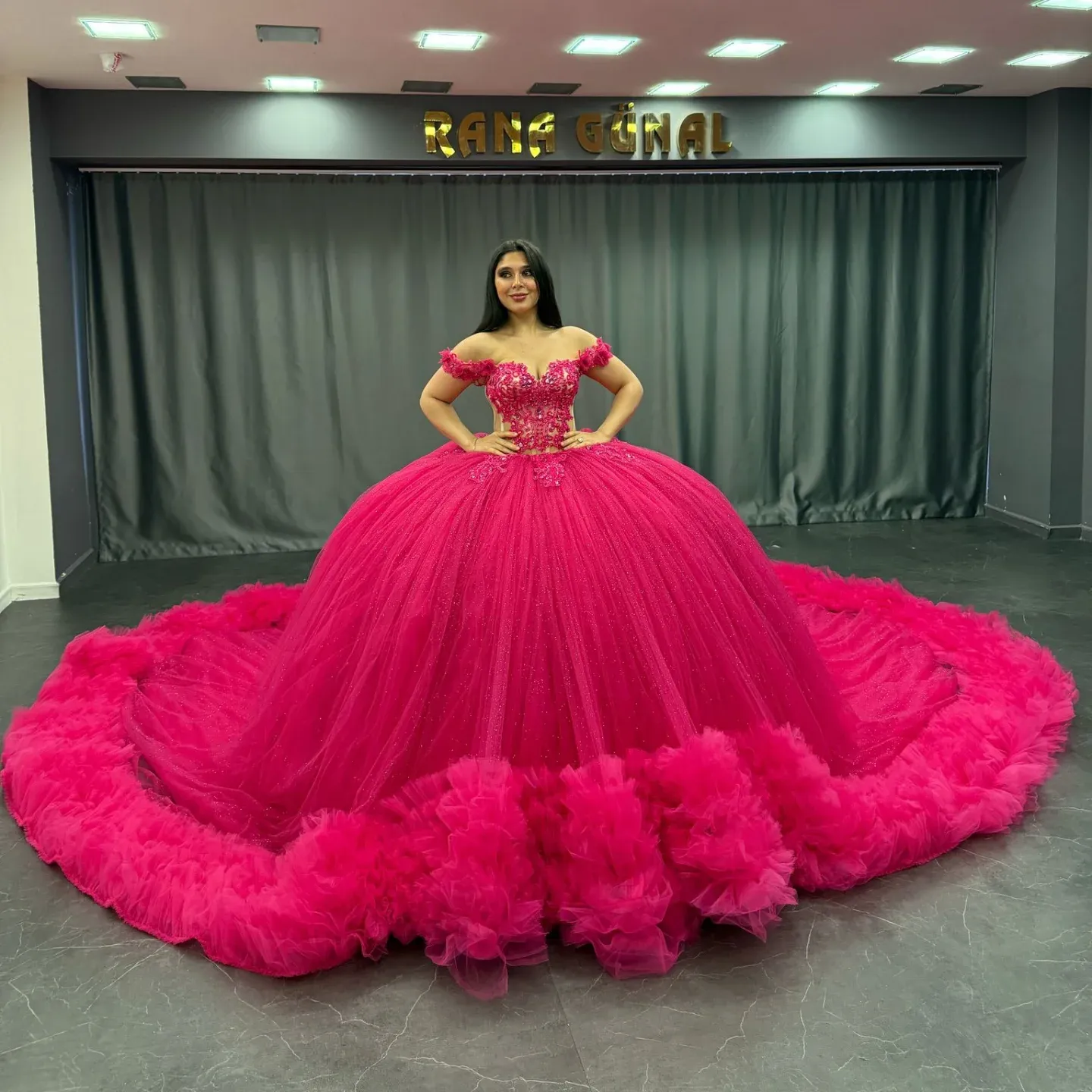 Ball Gown Off Shoulder Sleeveless Appliques Beaded Pleated Glitter Hot Pink Tulle Quinceanera Dress Birthday Party Dress