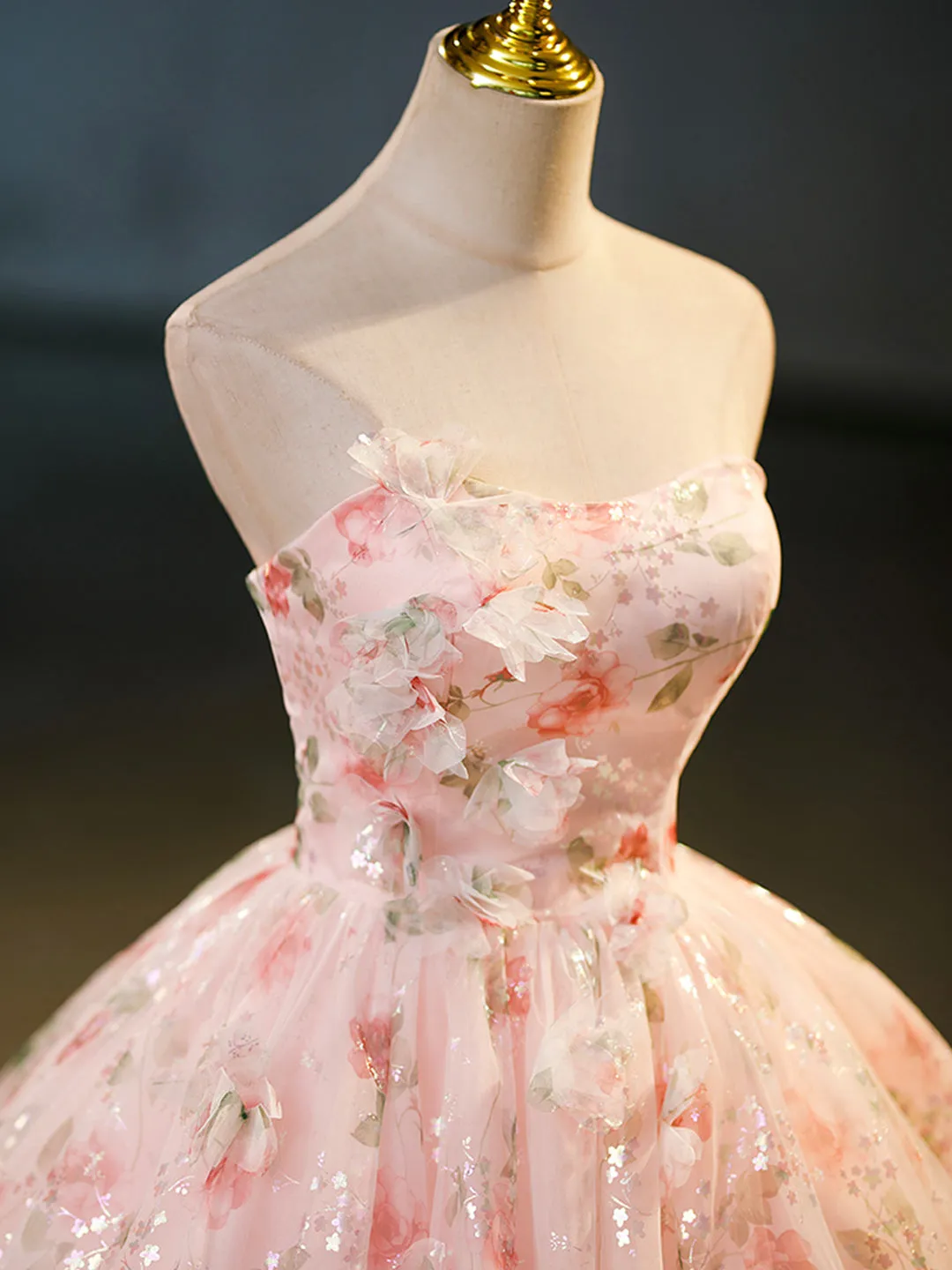 Beautiful Strapless Tulle Flower Long Prom Dress Pink Ball Gown Formal Dress