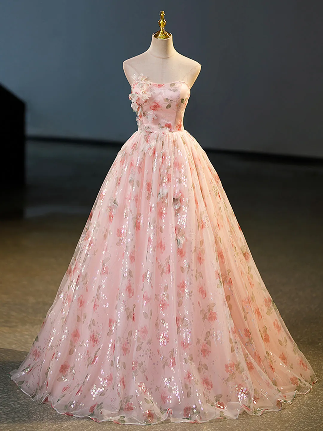 Beautiful Strapless Tulle Flower Long Prom Dress Pink Ball Gown Formal Dress
