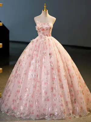 Beautiful Strapless Tulle Flower Long Prom Dress Pink Ball Gown Formal Dress