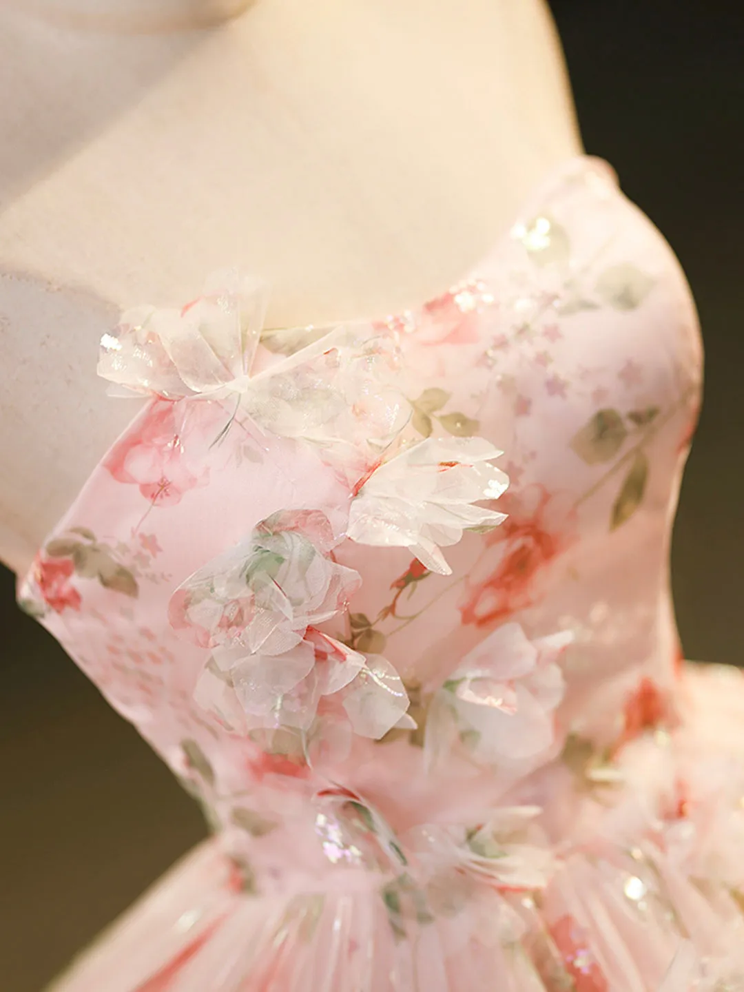 Beautiful Strapless Tulle Flower Long Prom Dress Pink Ball Gown Formal Dress
