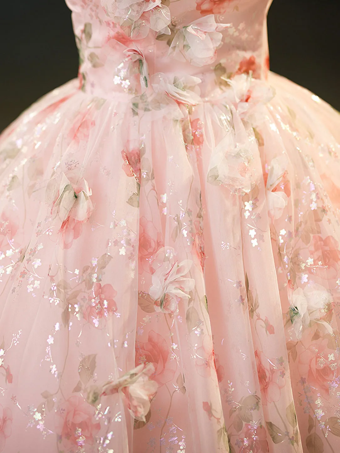 Beautiful Strapless Tulle Flower Long Prom Dress Pink Ball Gown Formal Dress