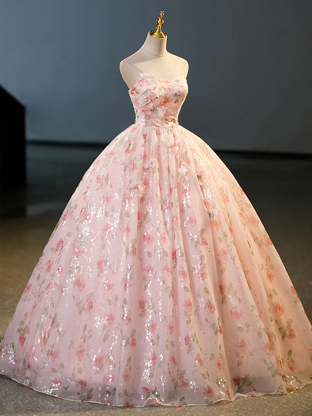 Beautiful Strapless Tulle Flower Long Prom Dress Pink Ball Gown Formal Dress