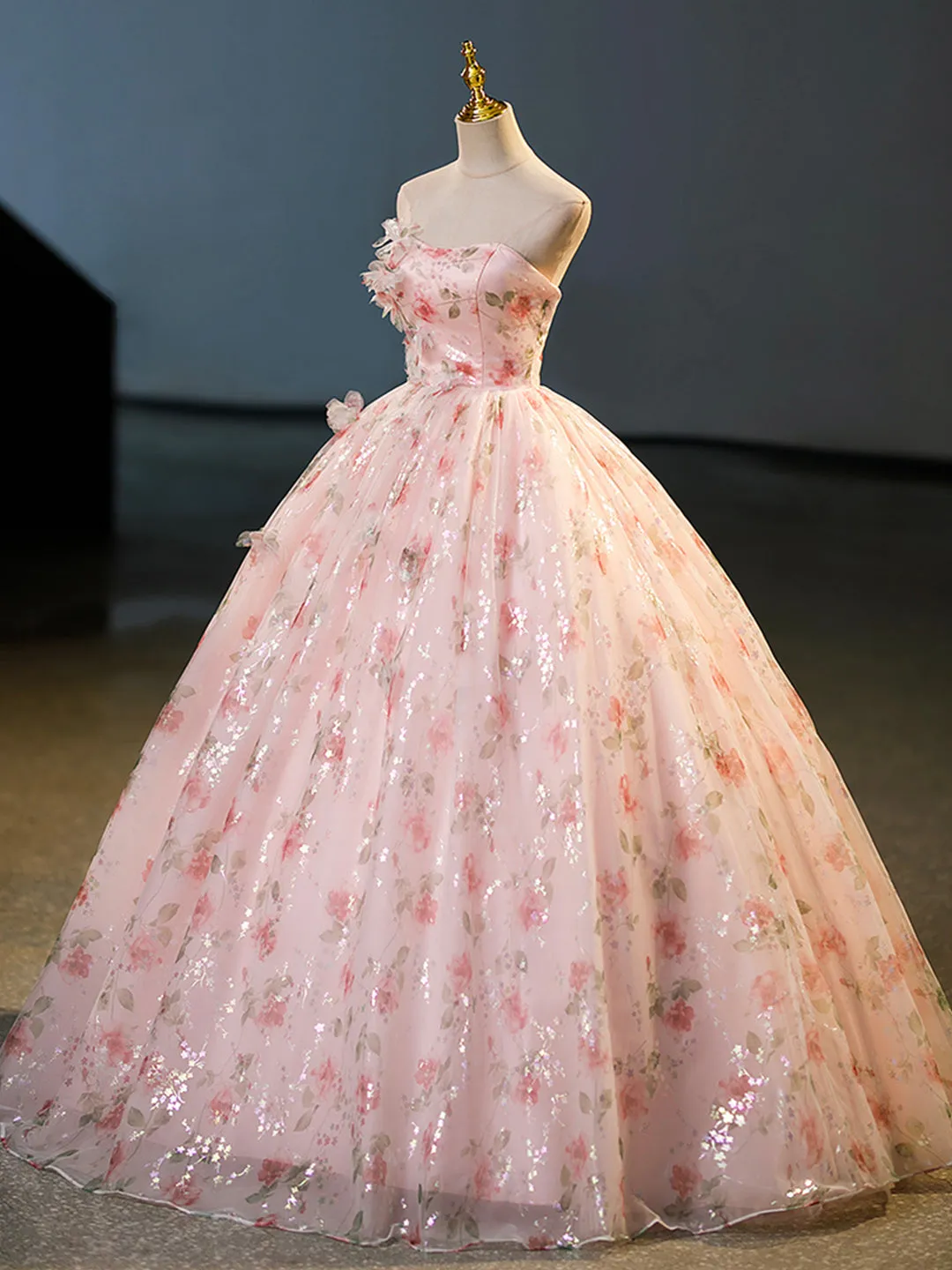 Beautiful Strapless Tulle Flower Long Prom Dress Pink Ball Gown Formal Dress