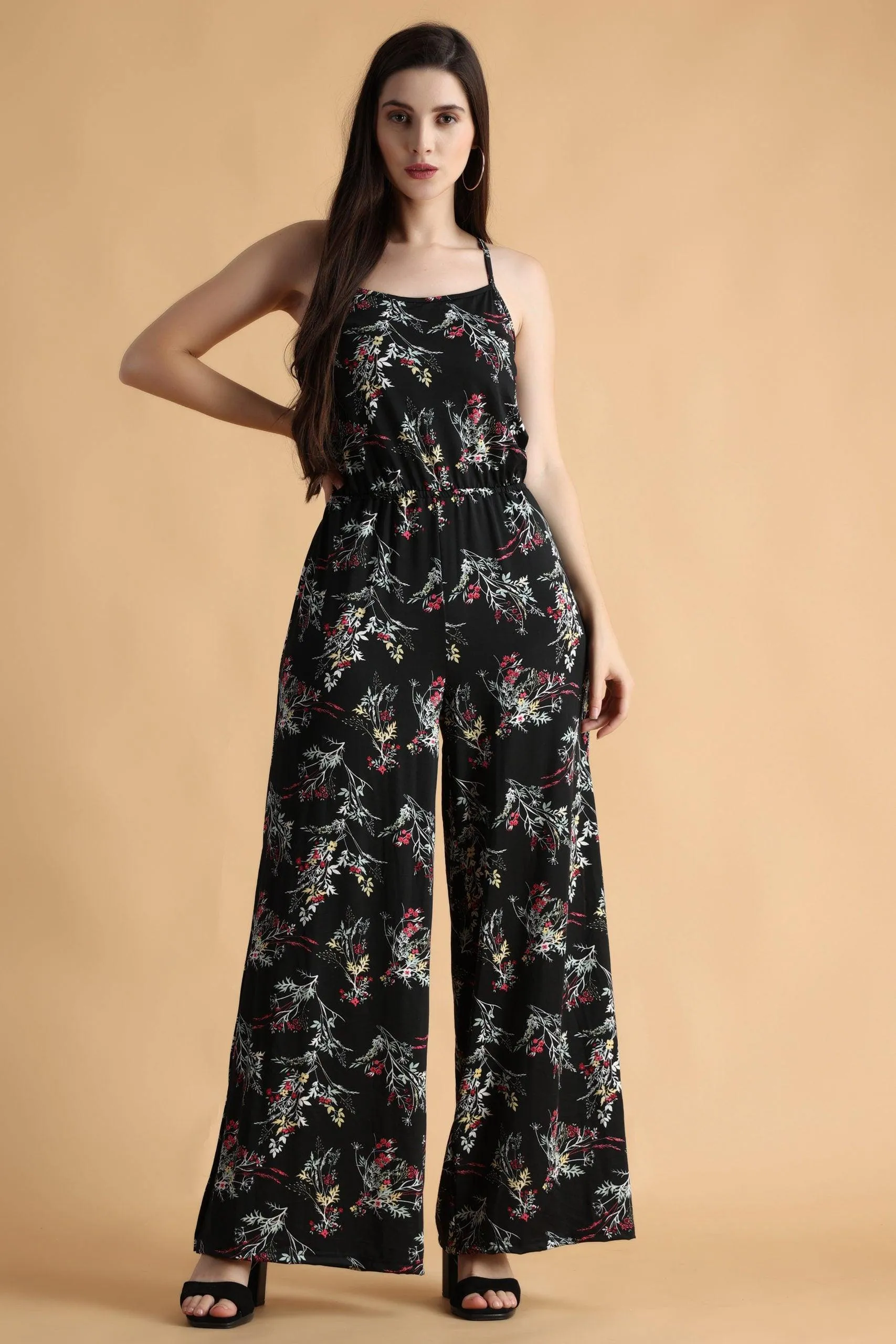 Black Floral Printed Back Criss Cross Tie Jumpsuit with Side Slits