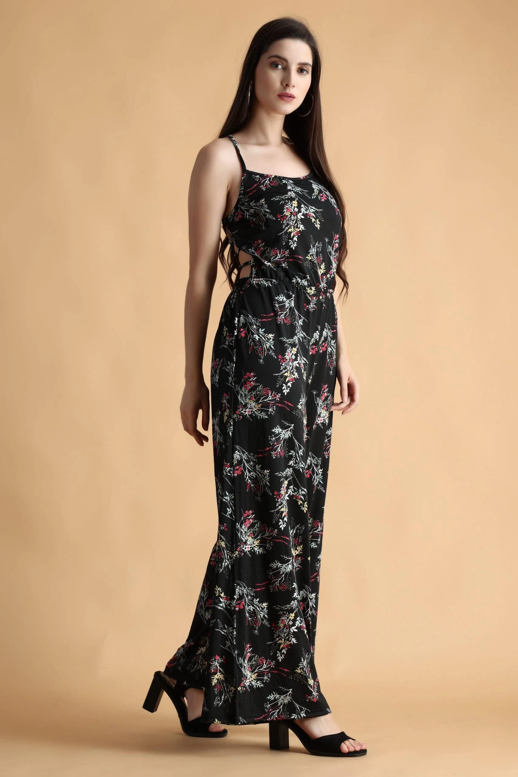 Black Floral Printed Back Criss Cross Tie Jumpsuit with Side Slits