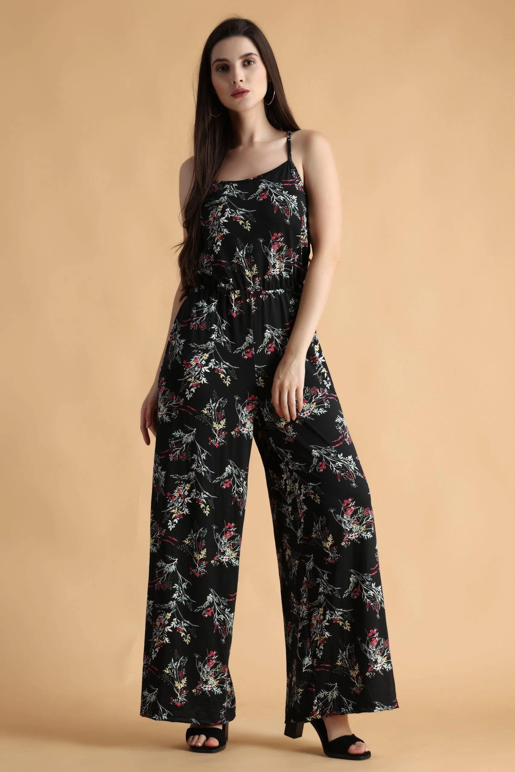 Black Floral Printed Back Criss Cross Tie Jumpsuit with Side Slits