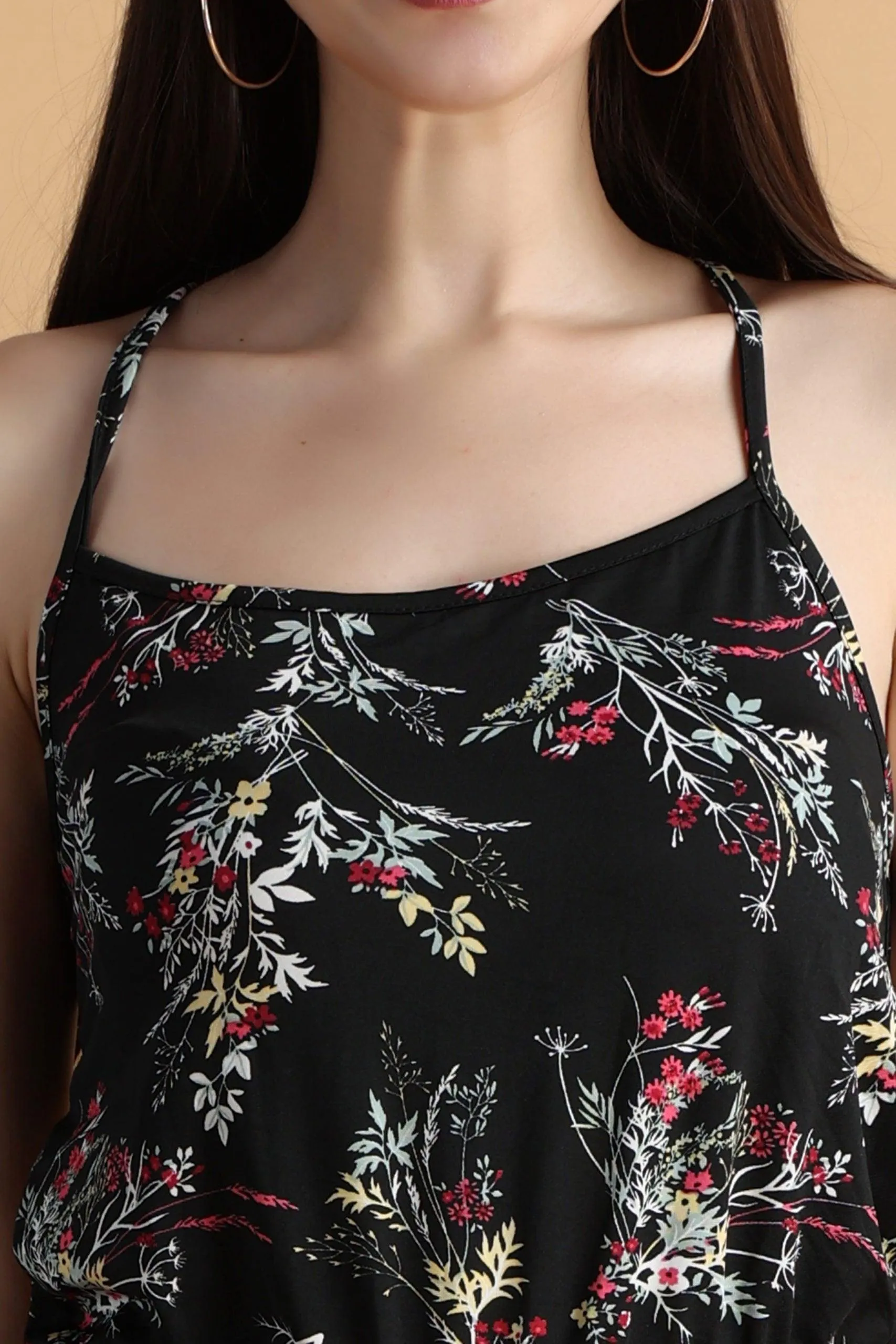 Black Floral Printed Back Criss Cross Tie Jumpsuit with Side Slits