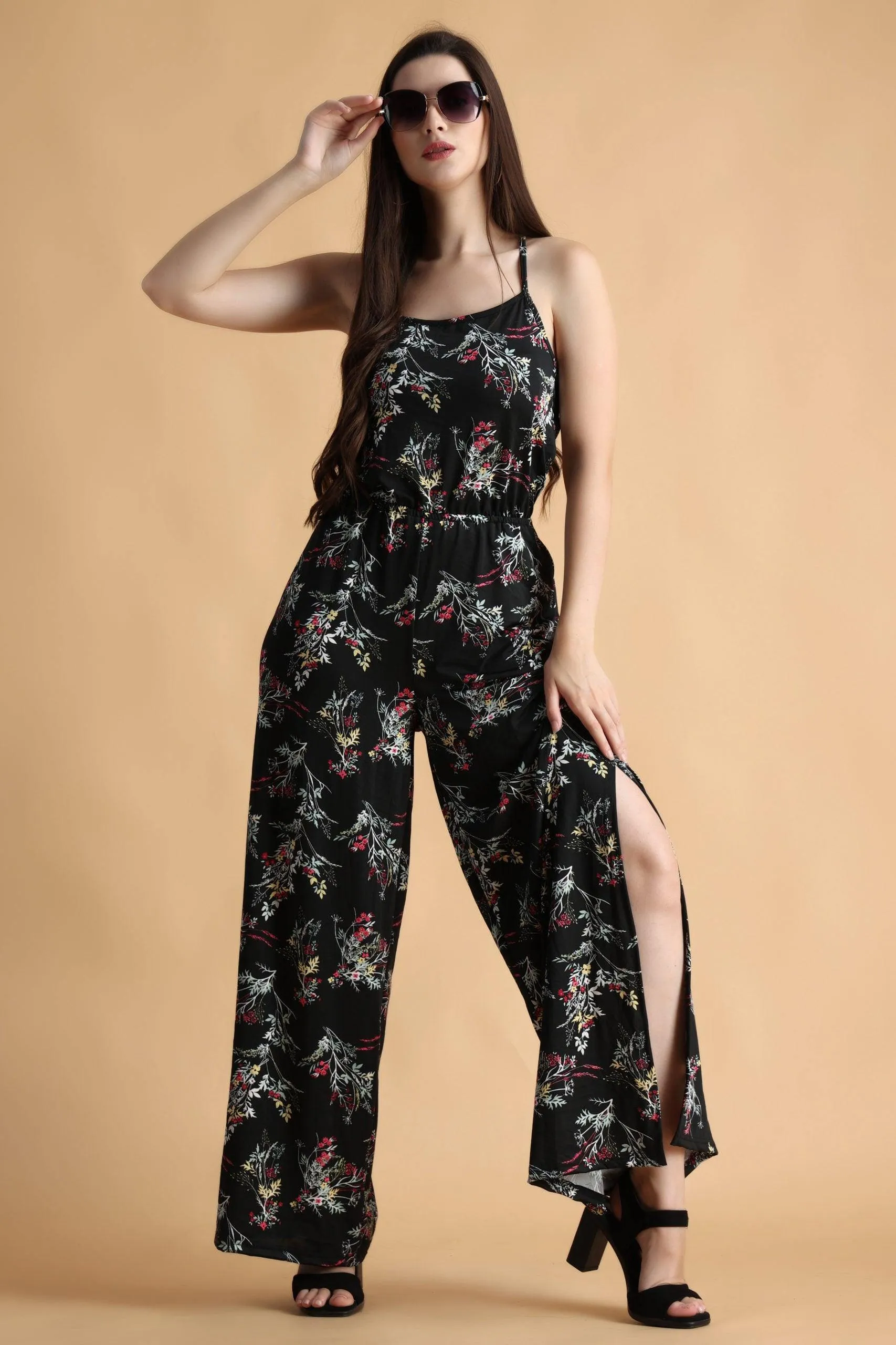 Black Floral Printed Back Criss Cross Tie Jumpsuit with Side Slits