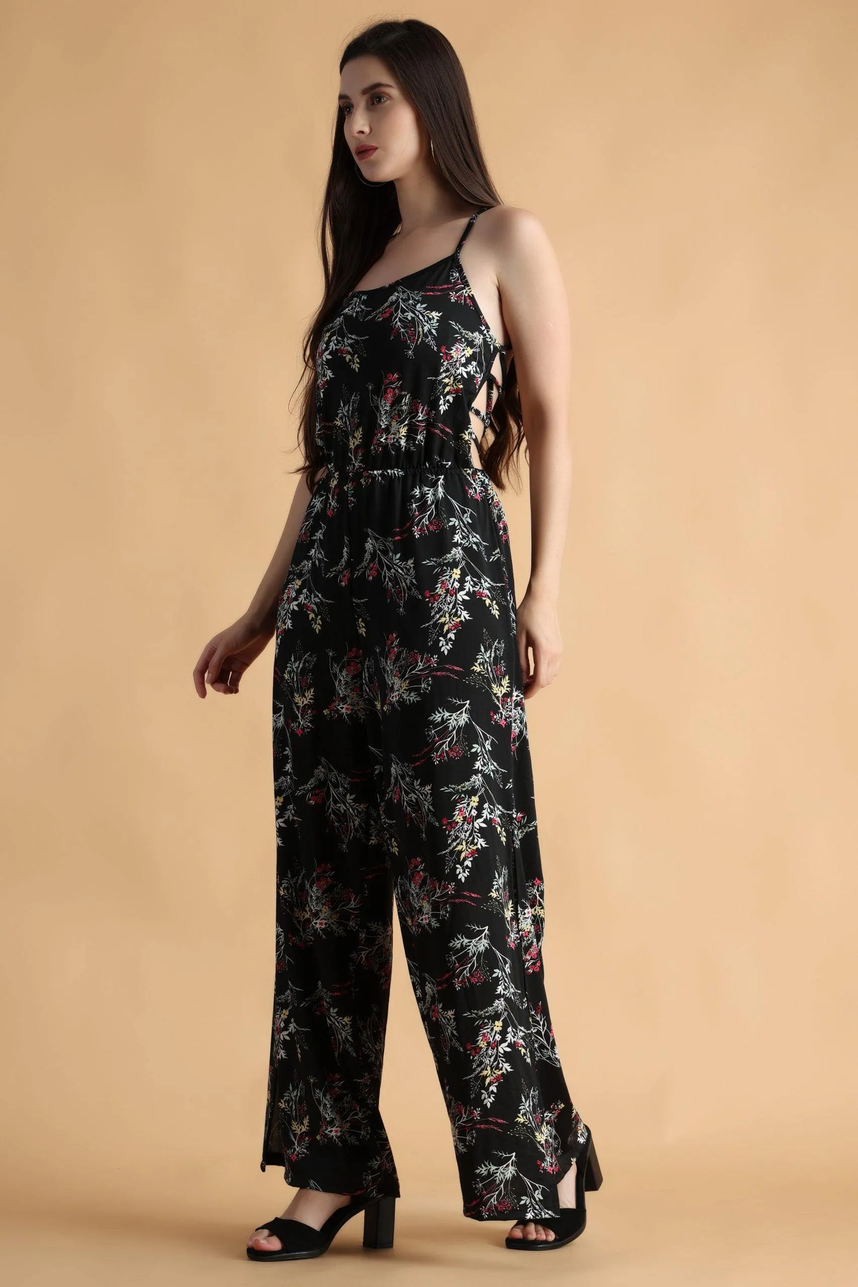 Black Floral Printed Back Criss Cross Tie Jumpsuit with Side Slits