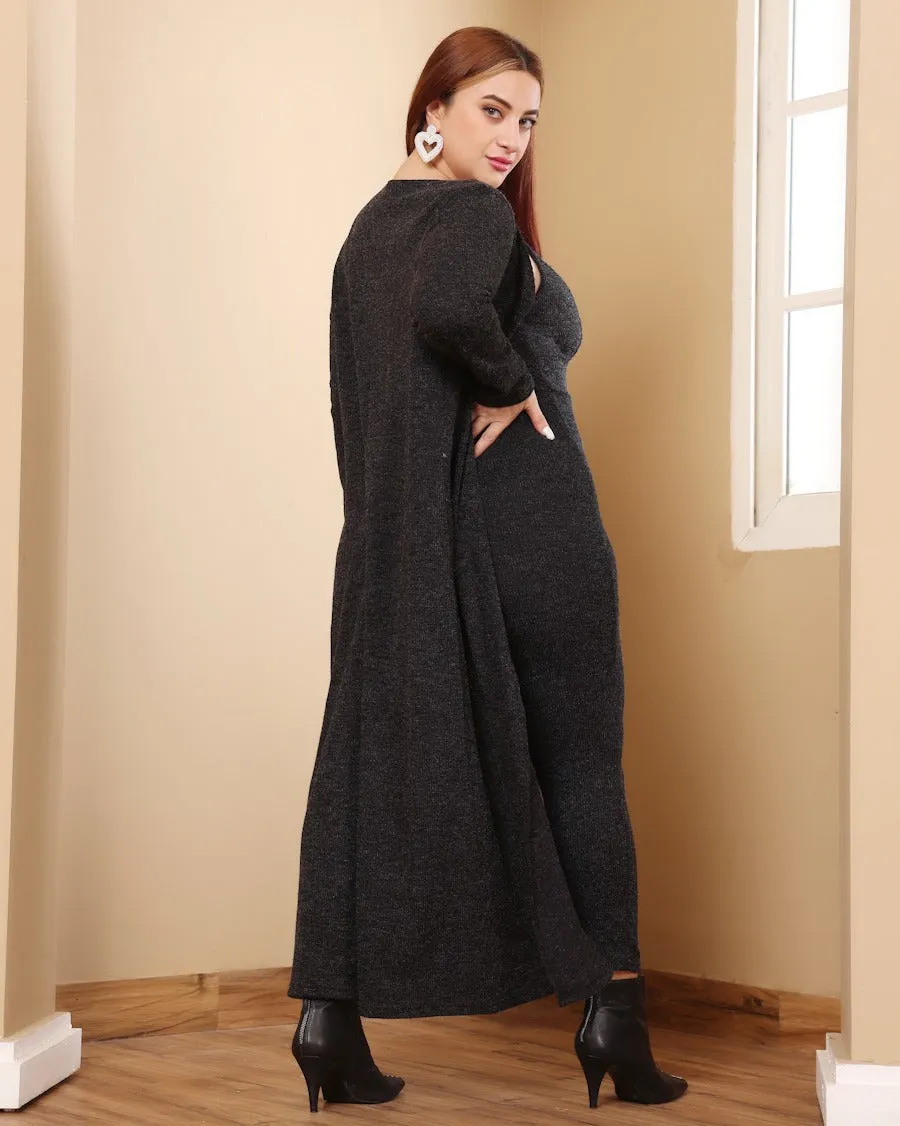 Black Solid Bodycon Jumpsuit with Long Shrug