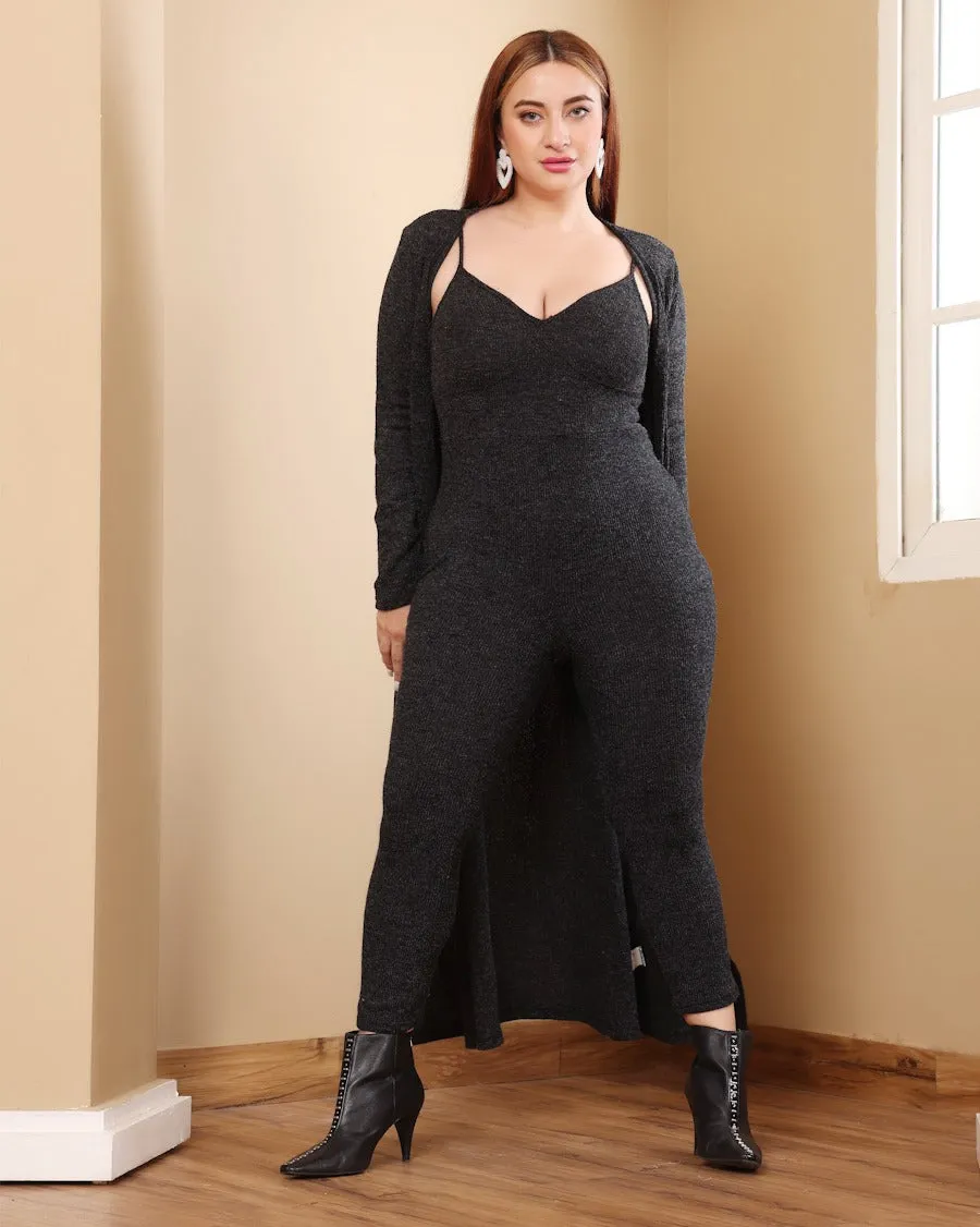 Black Solid Bodycon Jumpsuit with Long Shrug