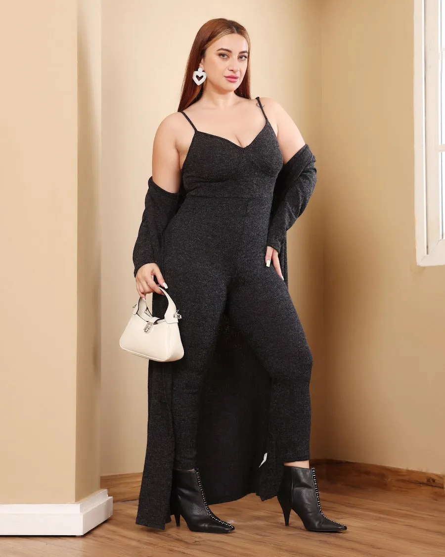 Black Solid Bodycon Jumpsuit with Long Shrug