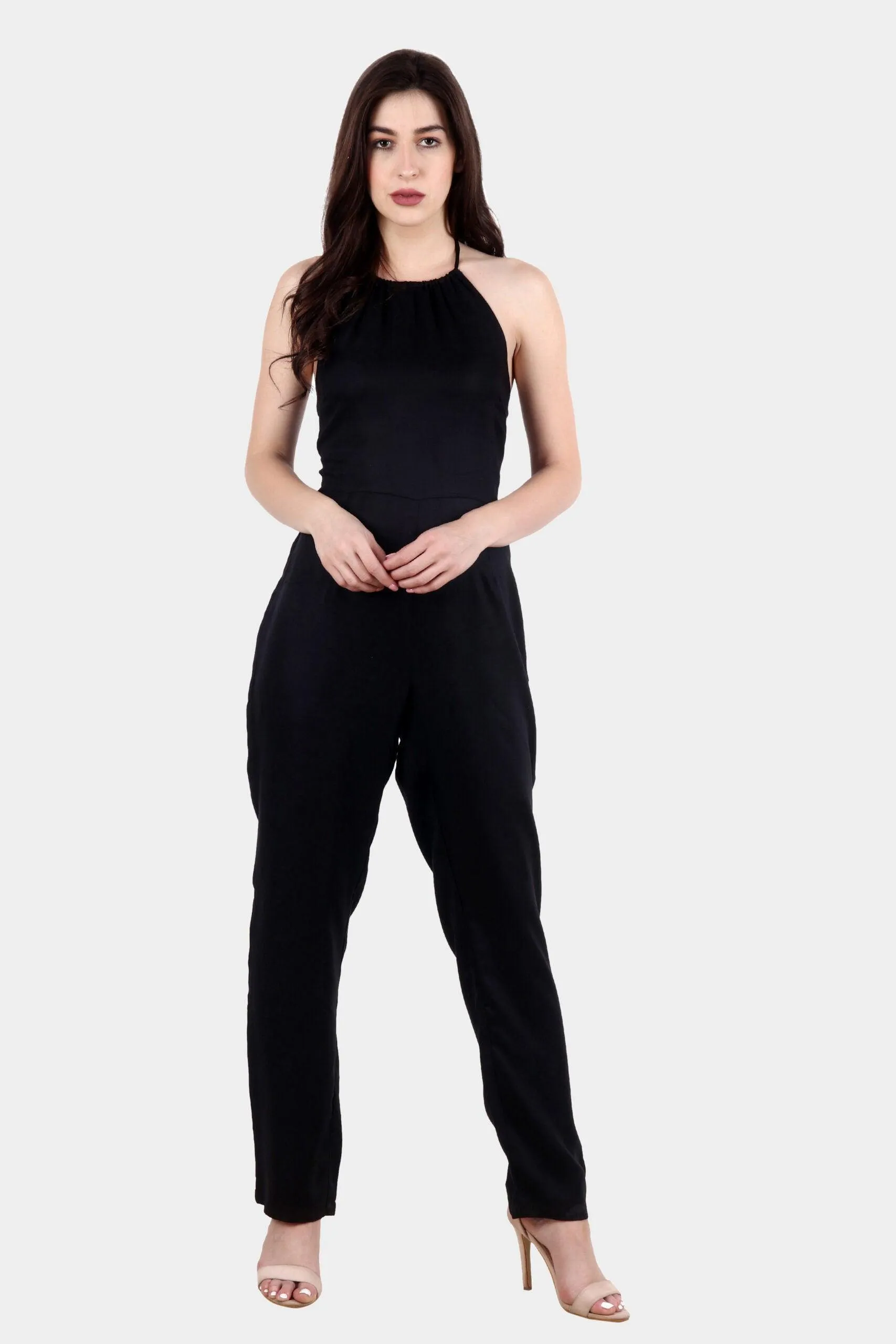 Black Solid Jumpsuit with Back Tie
