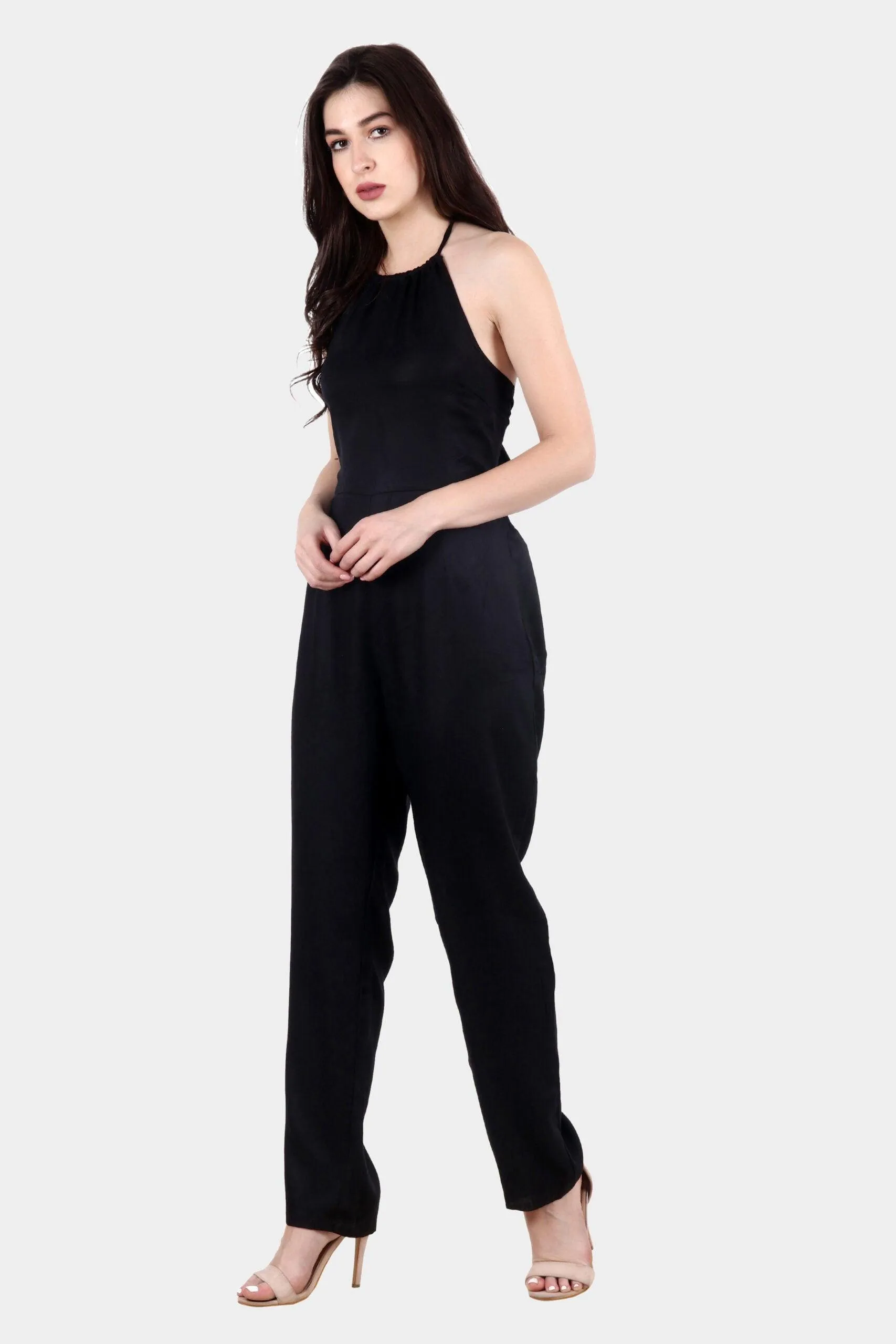 Black Solid Jumpsuit with Back Tie