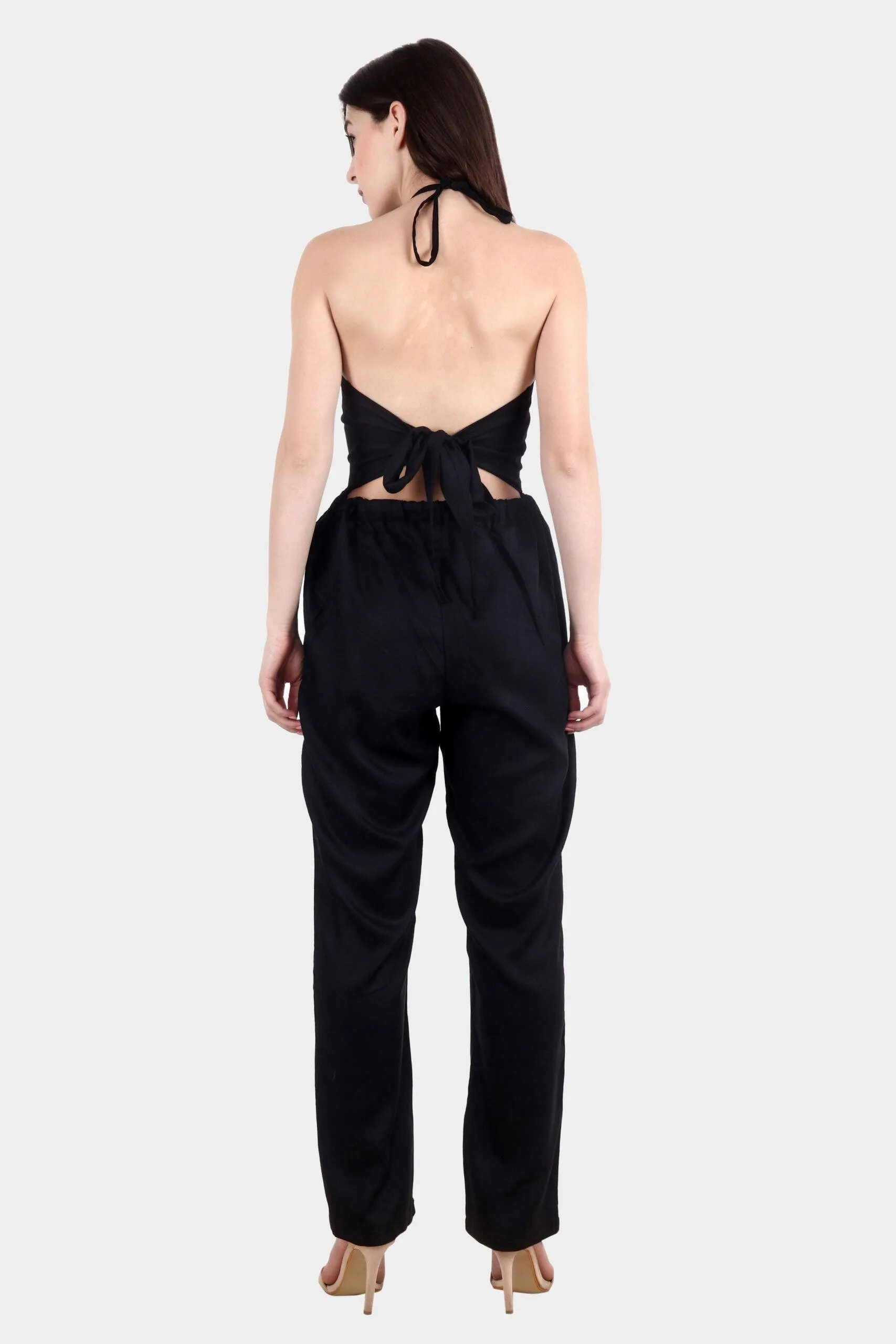 Black Solid Jumpsuit with Back Tie