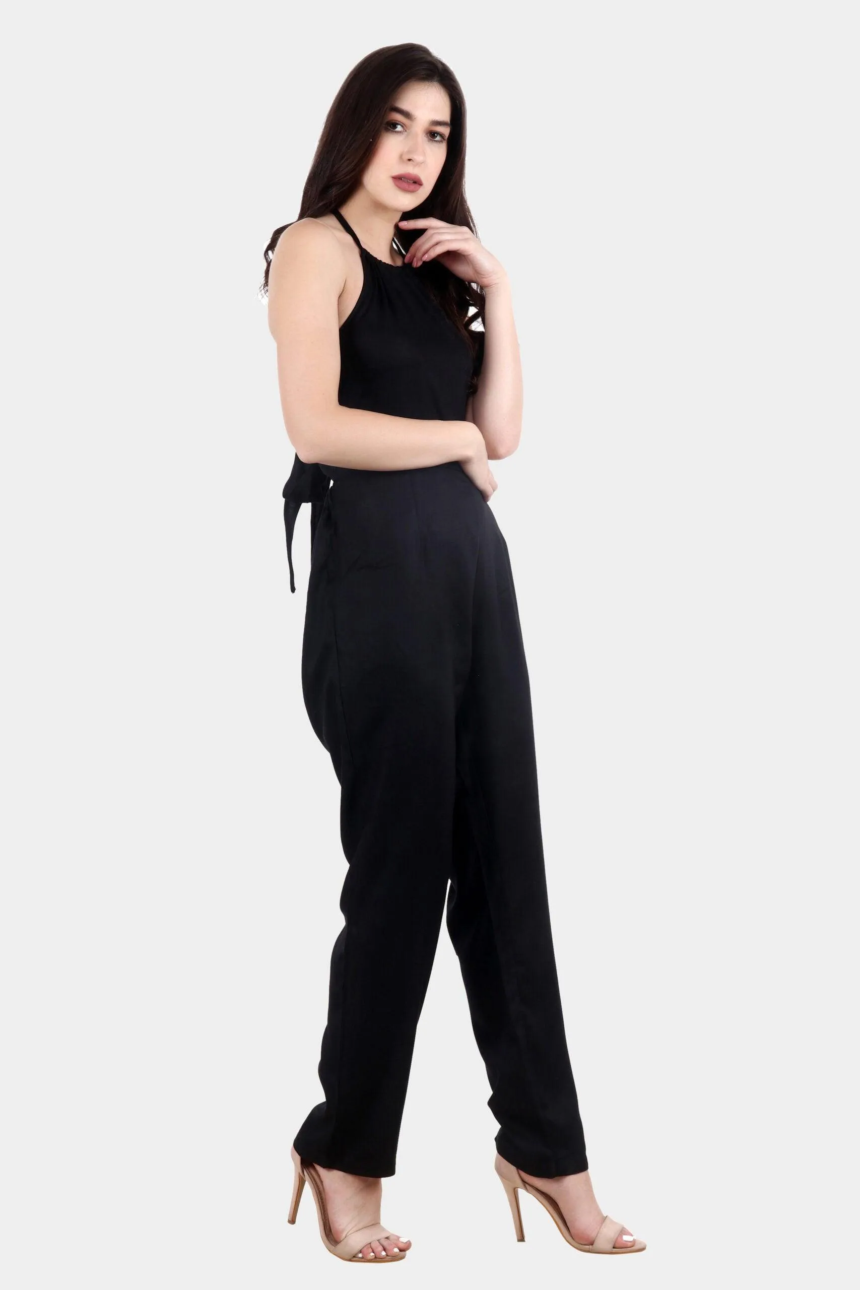Black Solid Jumpsuit with Back Tie