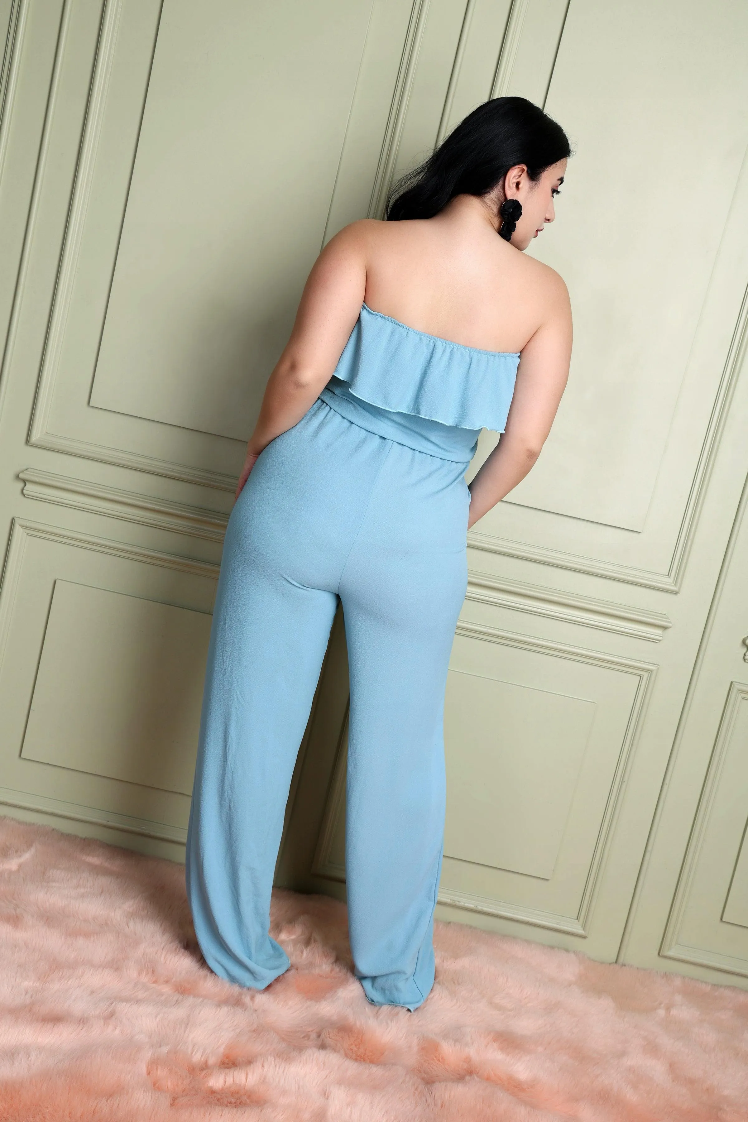 Blue Solid Off Shoulder Jumpsuit