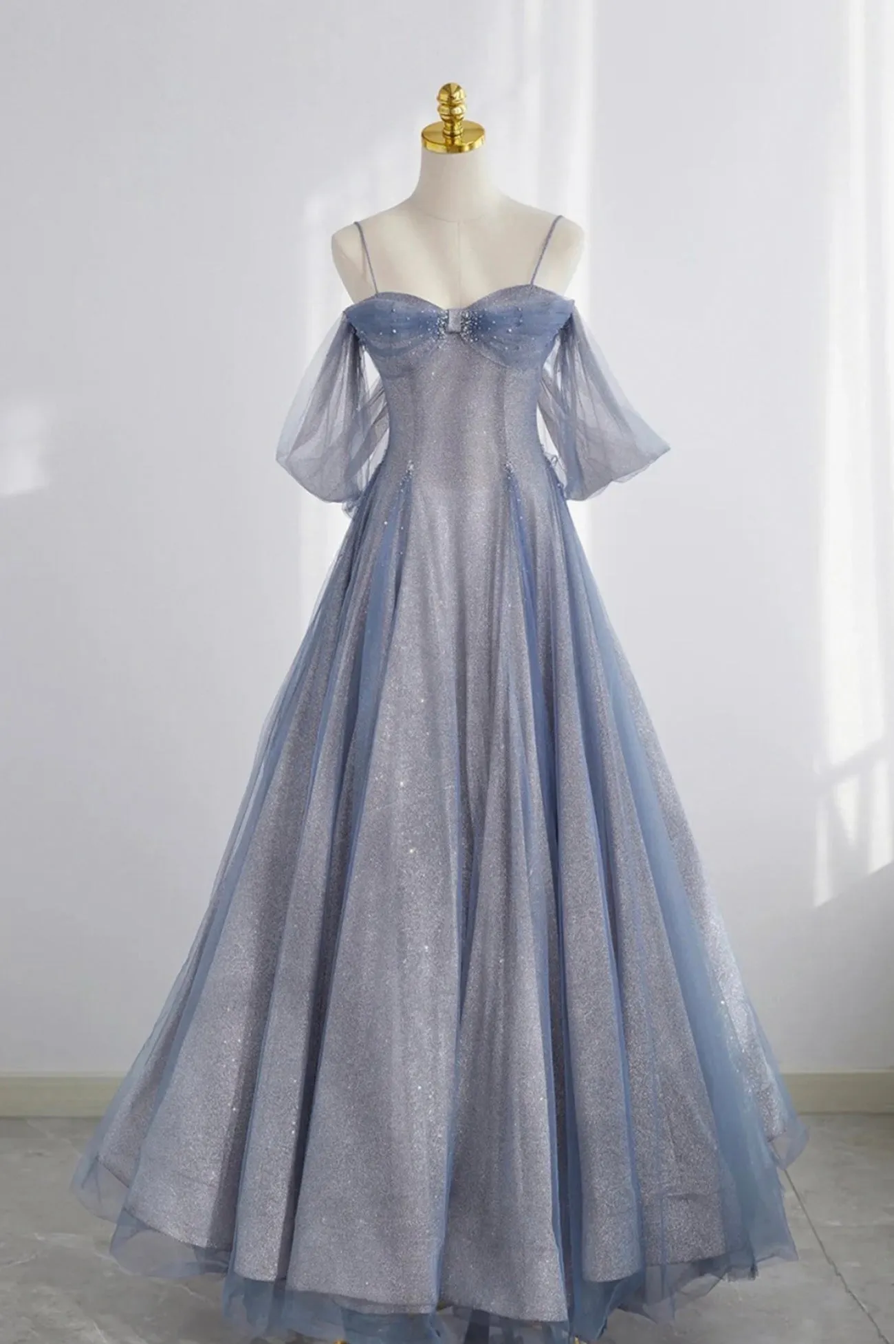 Blue Spaghetti Strap Tulle Long Prom Dress A-Line Formal Dress