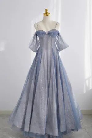Blue Spaghetti Strap Tulle Long Prom Dress A-Line Formal Dress