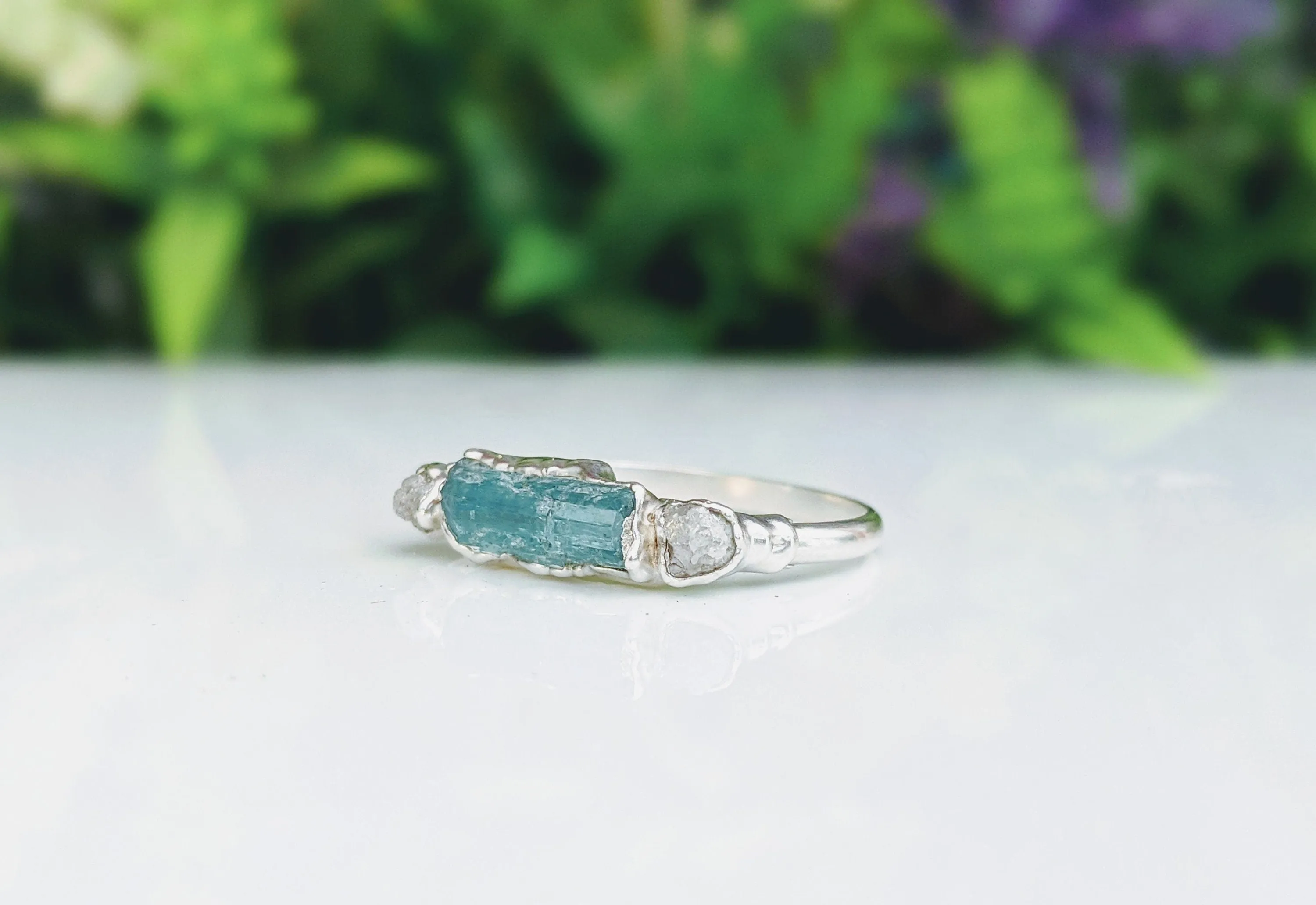 Blue Tourmaline and raw diamond Silver bar ring