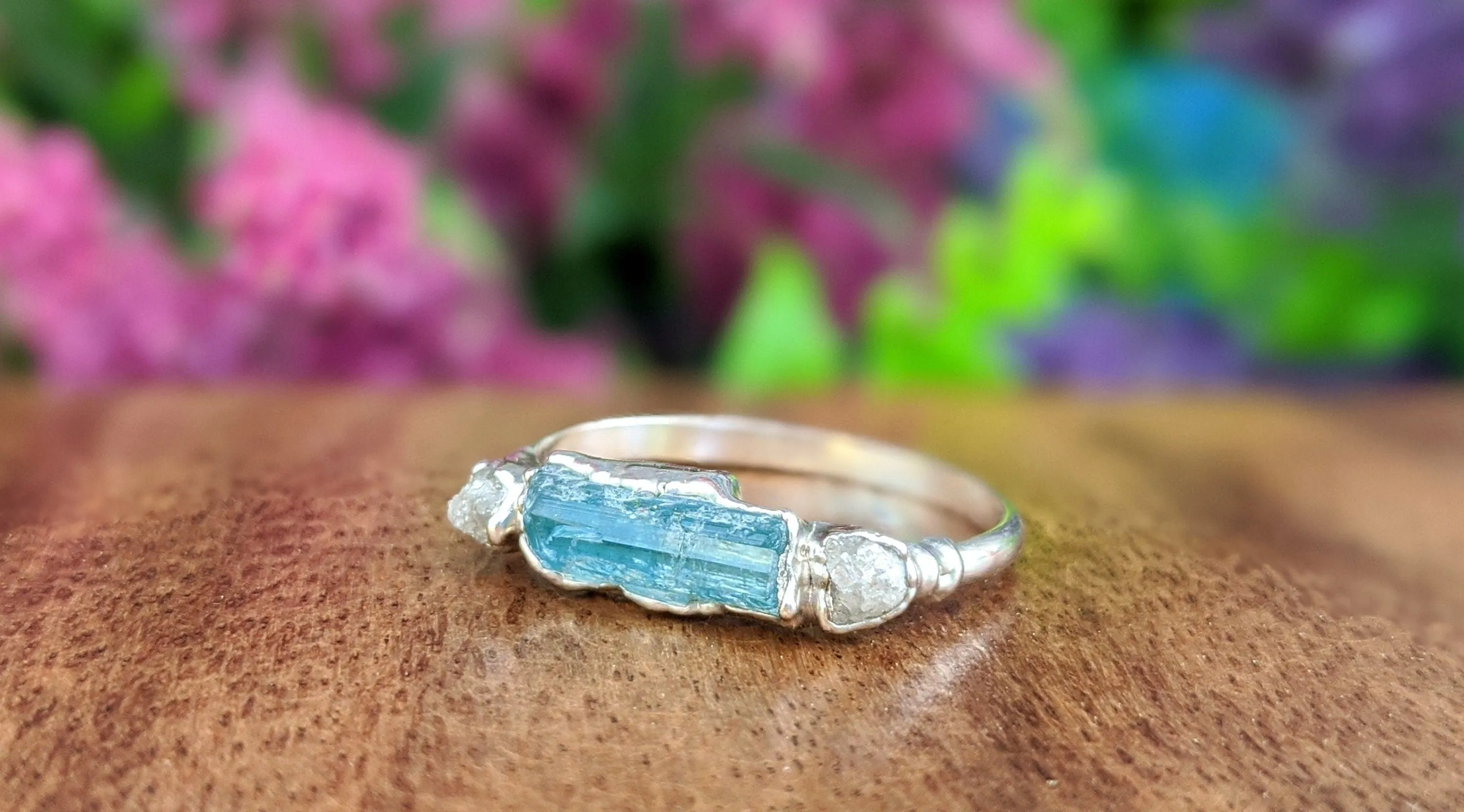 Blue Tourmaline and raw diamond Silver bar ring