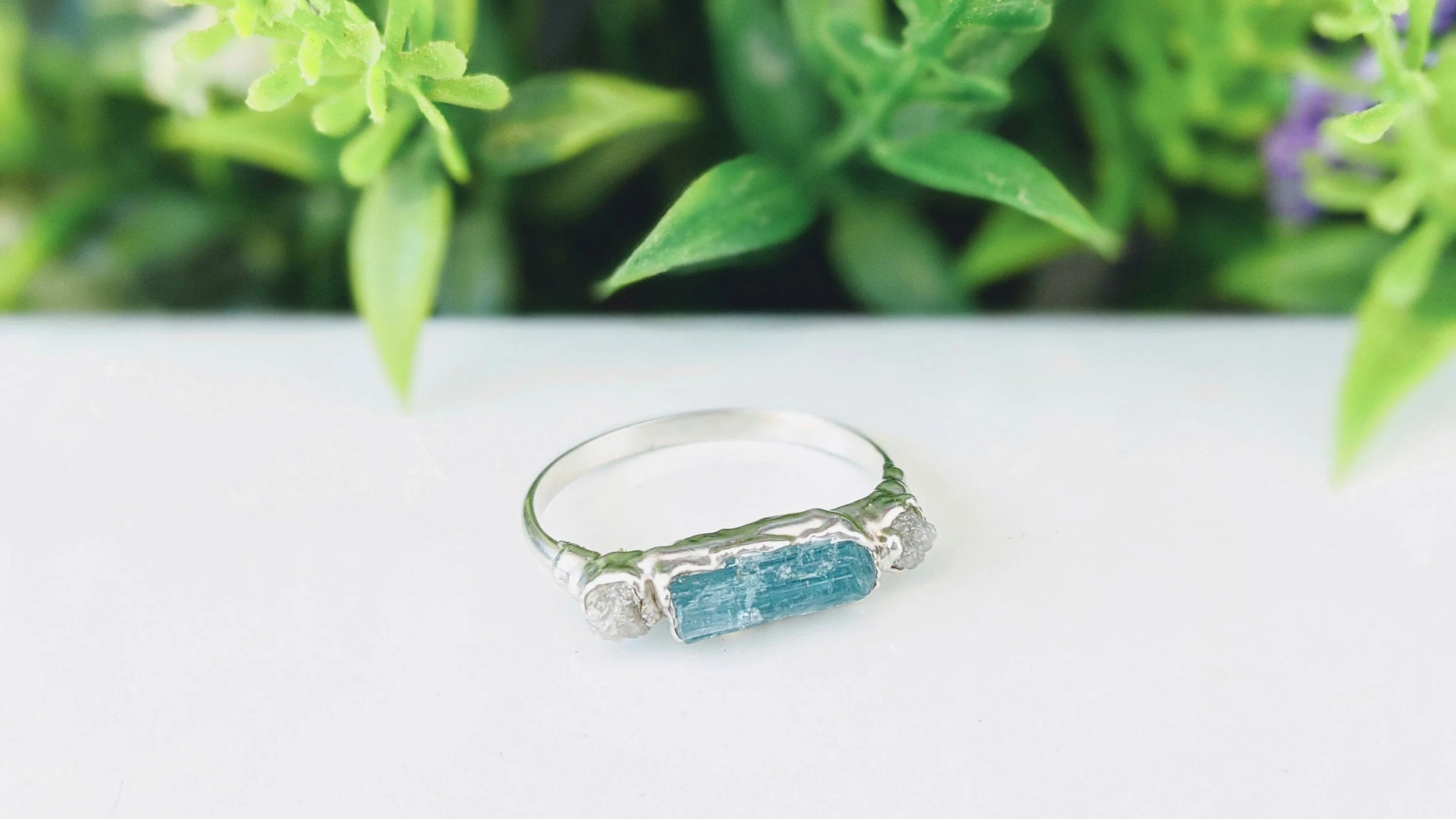 Blue Tourmaline and raw diamond Silver bar ring