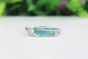 Blue Tourmaline and raw diamond Silver bar ring