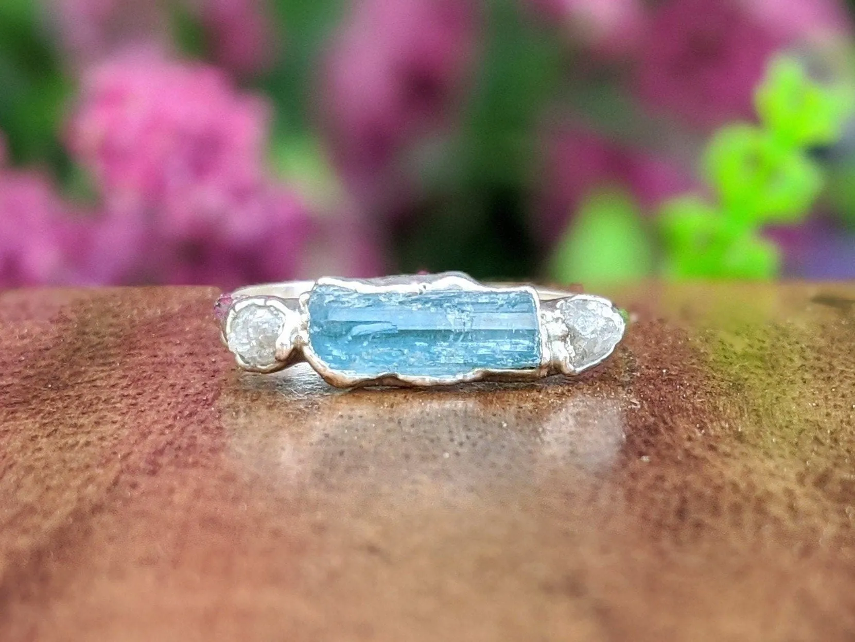 Blue Tourmaline and raw diamond Silver bar ring