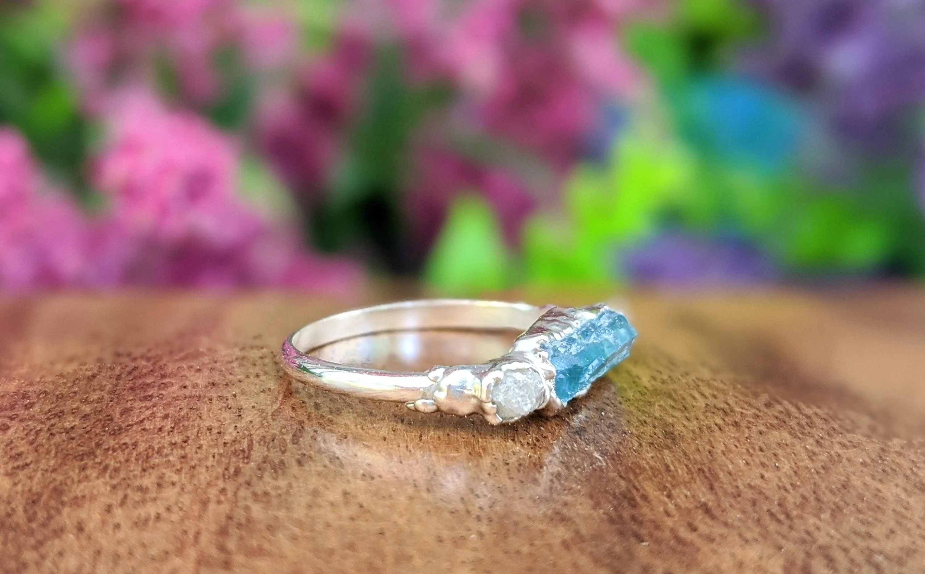 Blue Tourmaline and raw diamond Silver bar ring