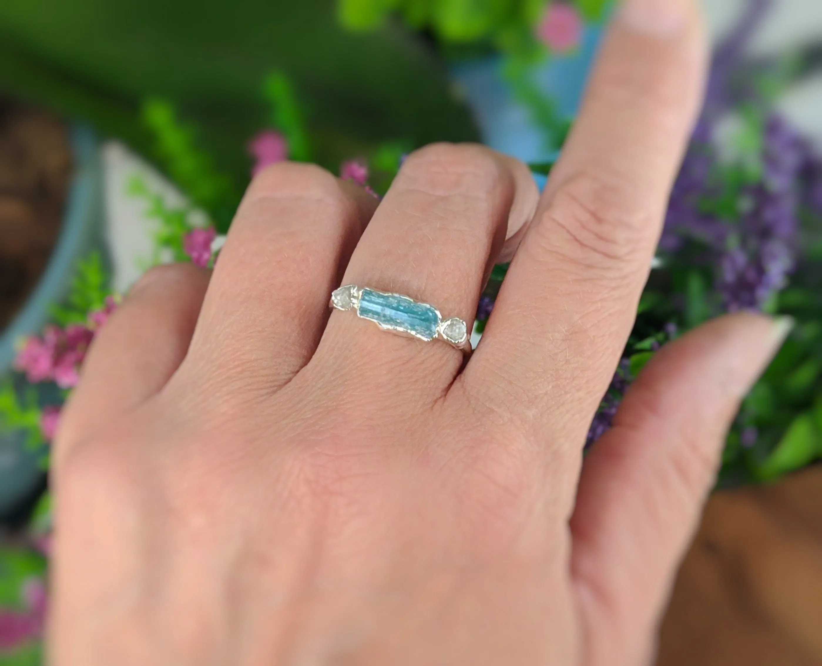 Blue Tourmaline and raw diamond Silver bar ring