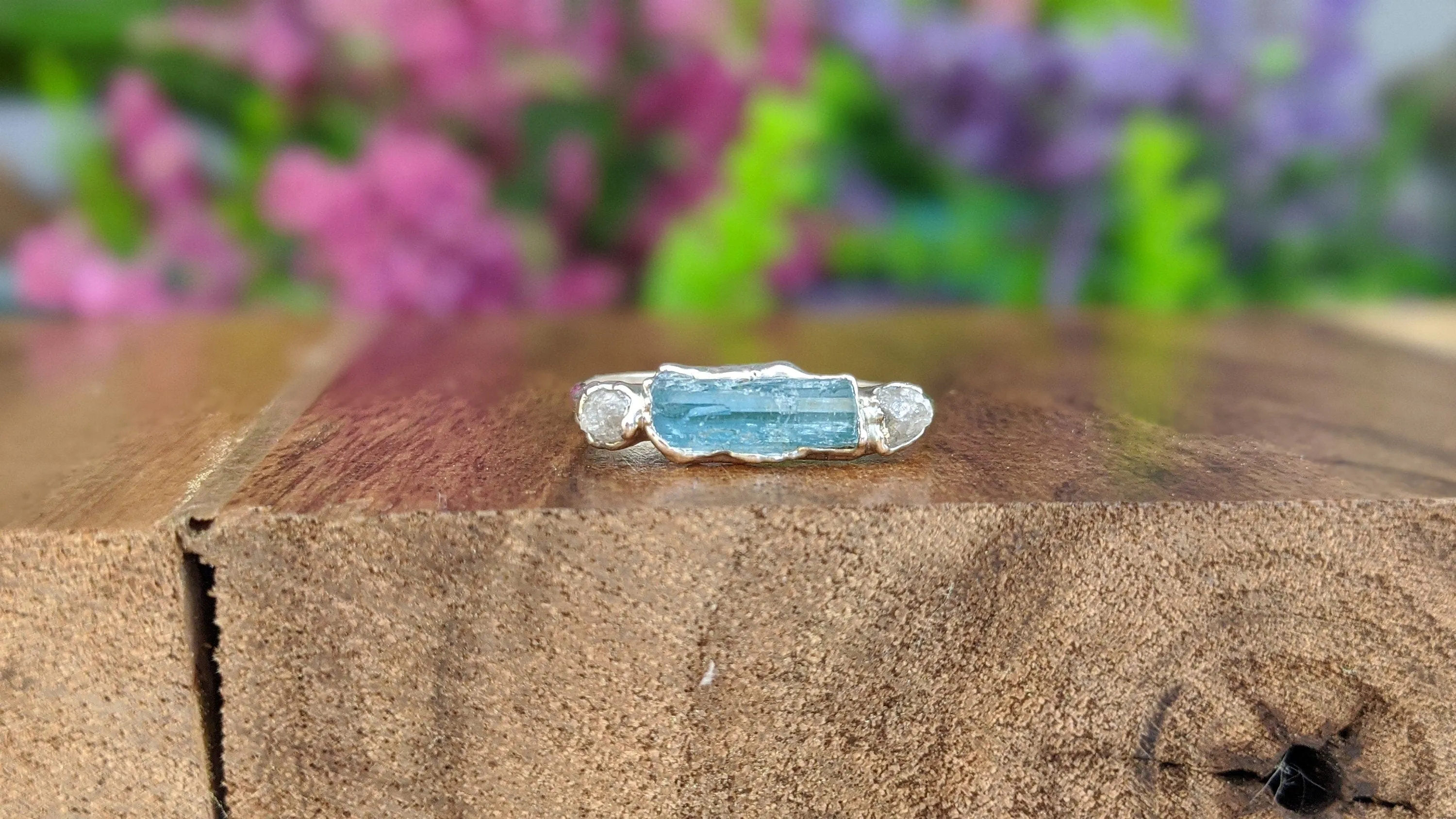 Blue Tourmaline and raw diamond Silver bar ring
