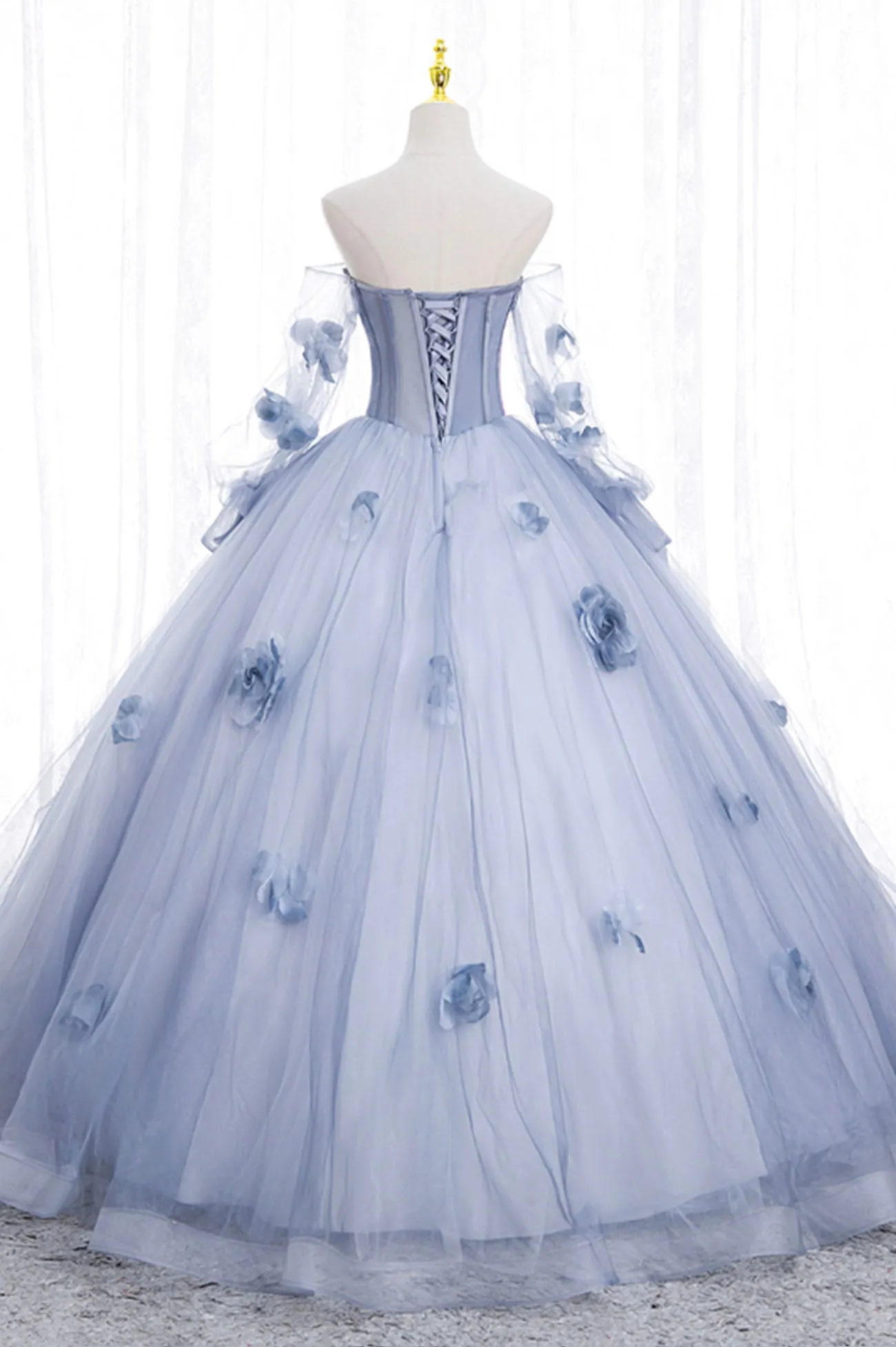 Blue Tulle Long Sleeves Formal Dress with Flowers Blue A-Line Prom Dress