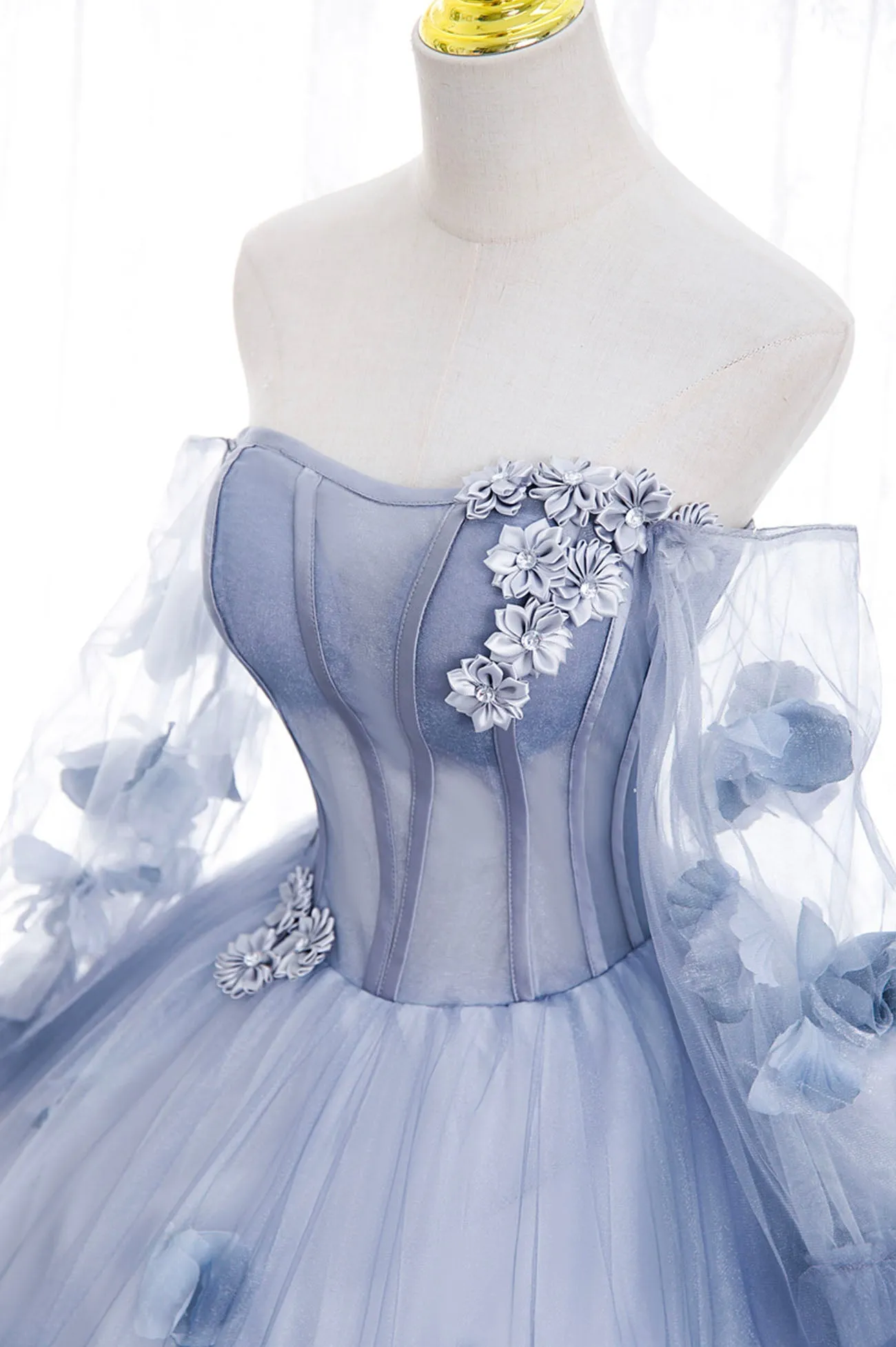Blue Tulle Long Sleeves Formal Dress with Flowers Blue A-Line Prom Dress