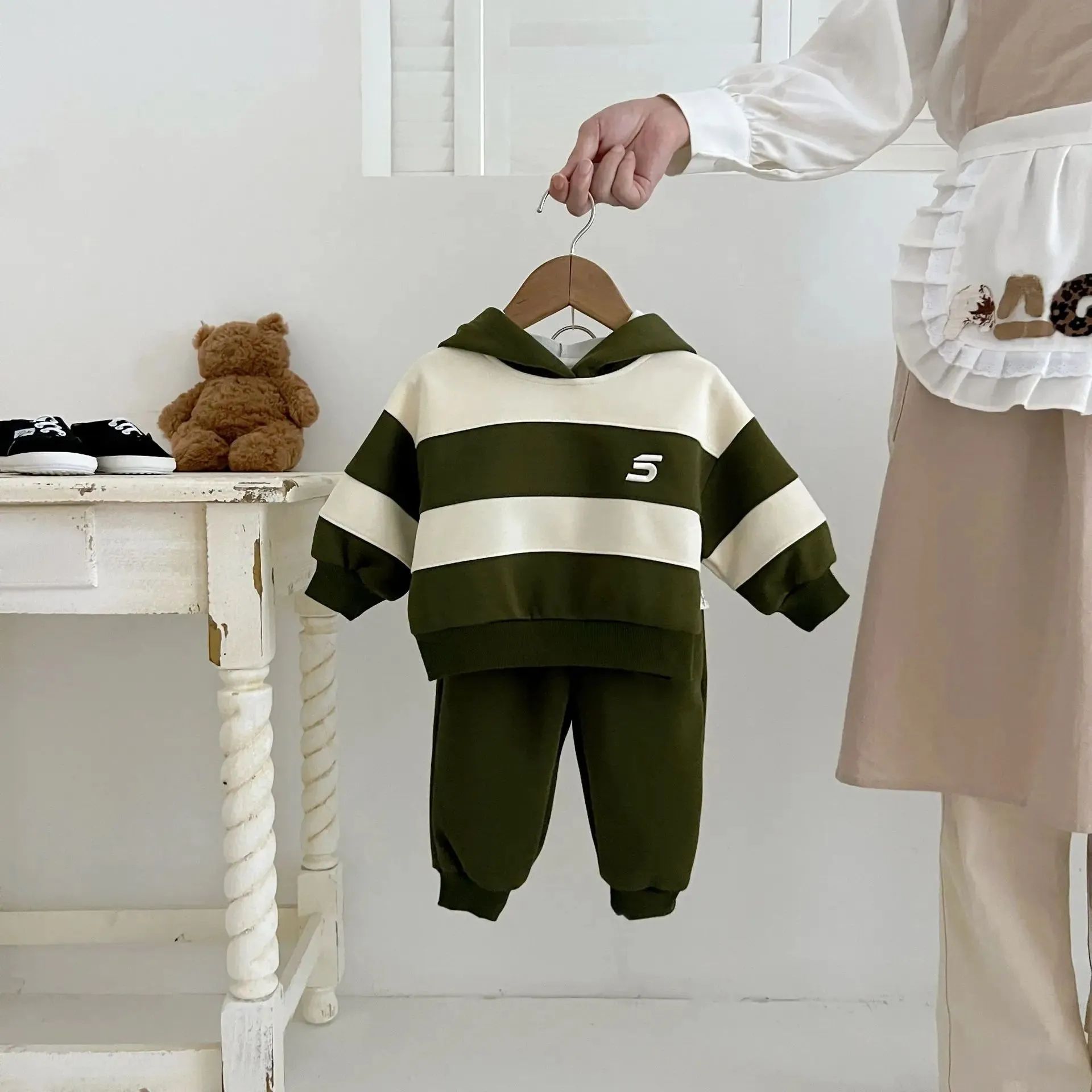 Childrens Baby Boys Autumn Handsome Two-piece Set Sports Casual Striped Hoodies Solid Cotton Pants Suit Toddler Boys Outfit