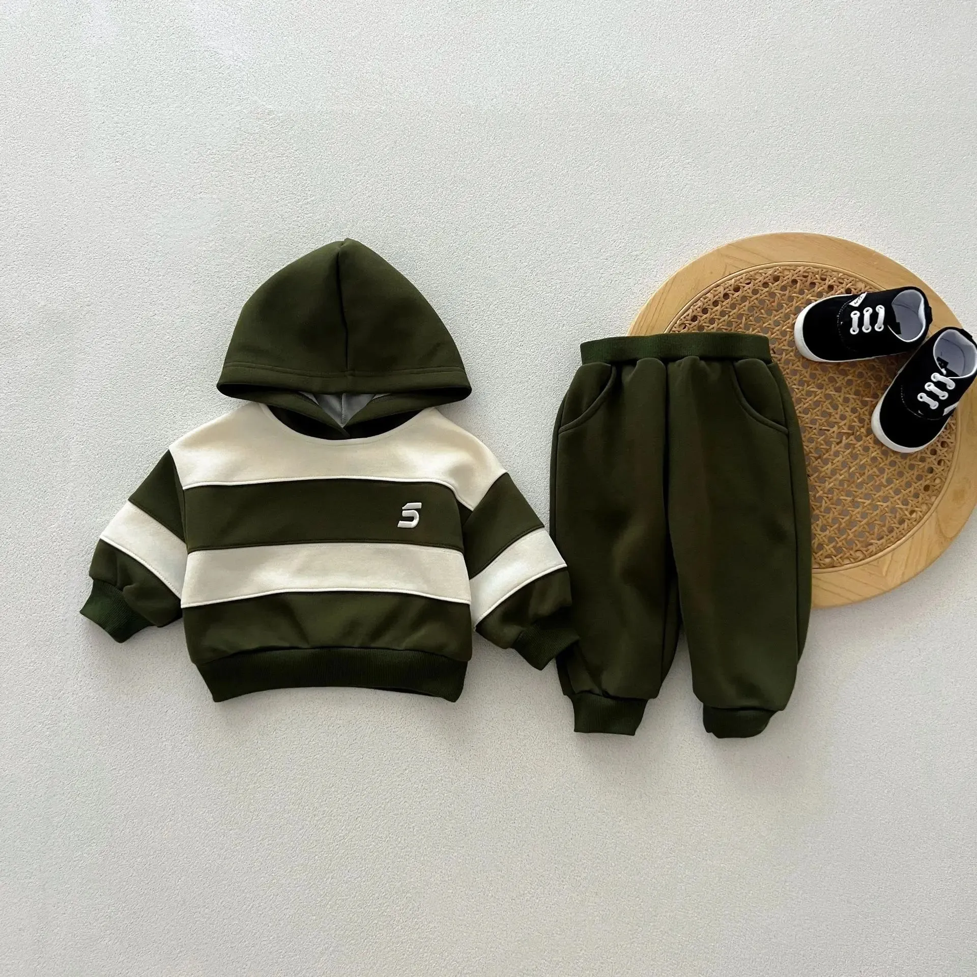 Childrens Baby Boys Autumn Handsome Two-piece Set Sports Casual Striped Hoodies Solid Cotton Pants Suit Toddler Boys Outfit