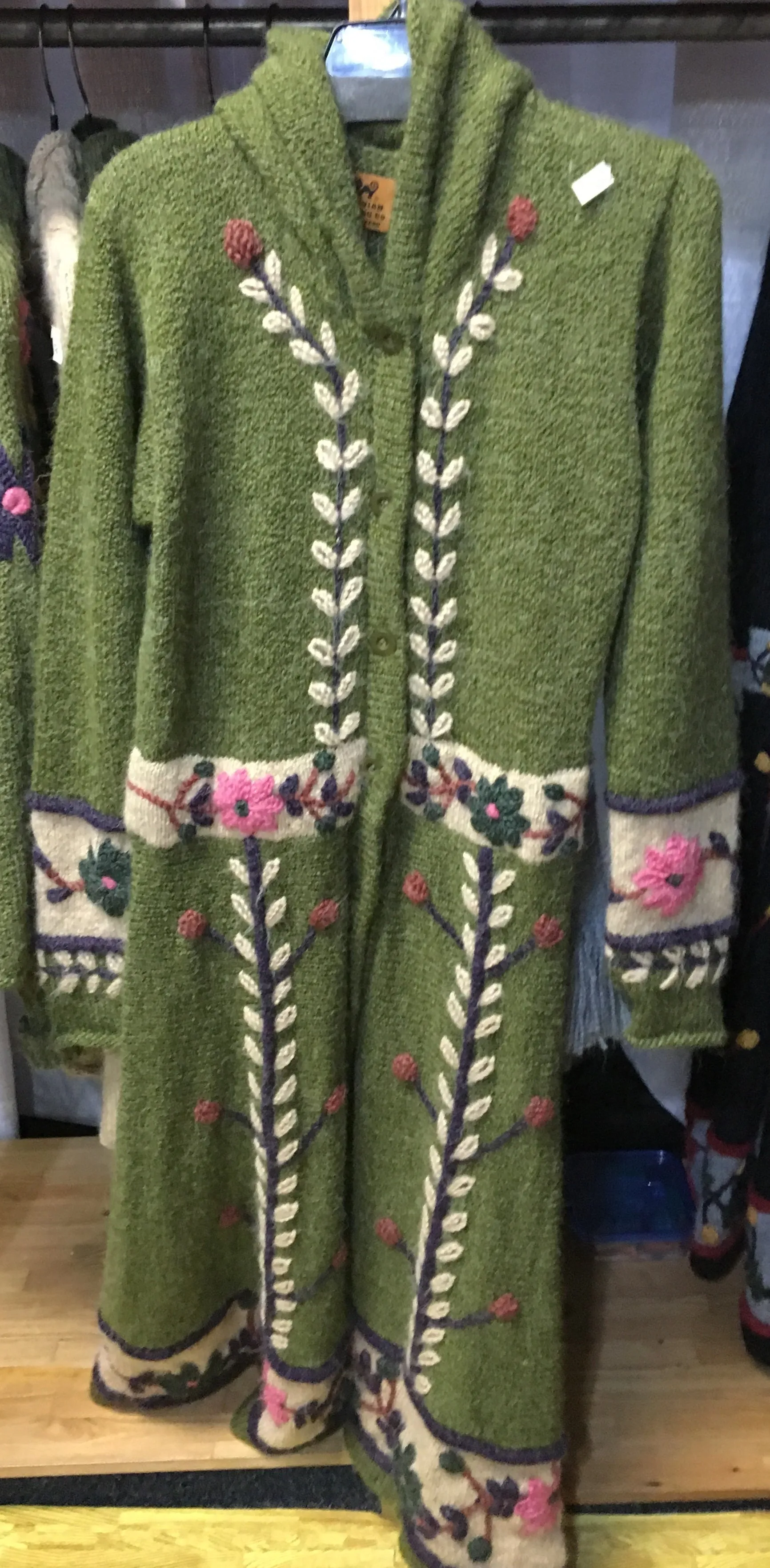 Fabulous Green with Pink Floral Detail Peruvian Hand-Knitted Sweater Coat