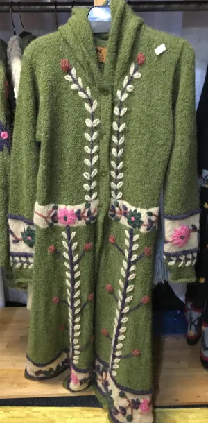 Fabulous Green with Pink Floral Detail Peruvian Hand-Knitted Sweater Coat