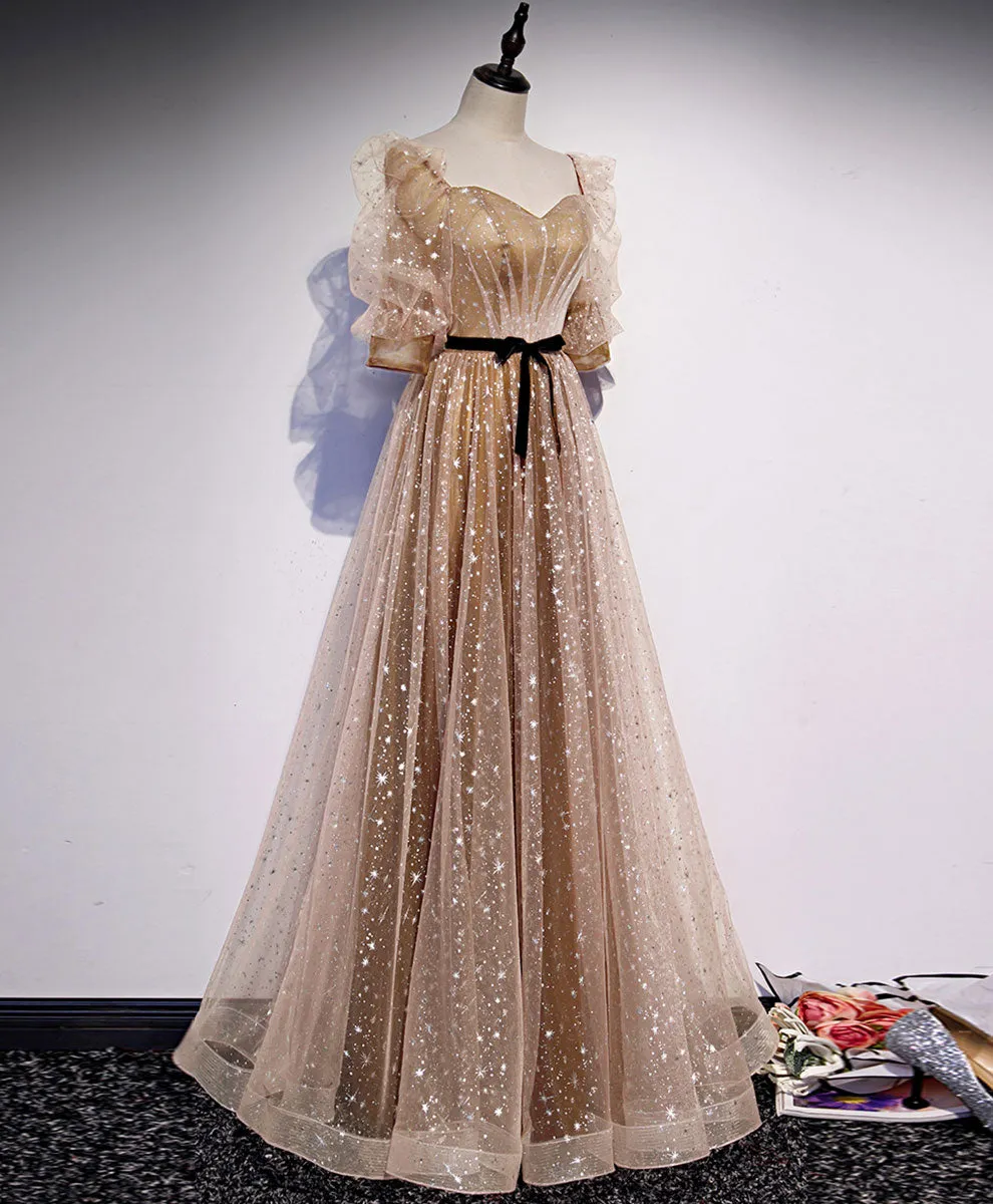 Gold Tulle Long Prom Dress A line Gold Formal Graduation Party Dress