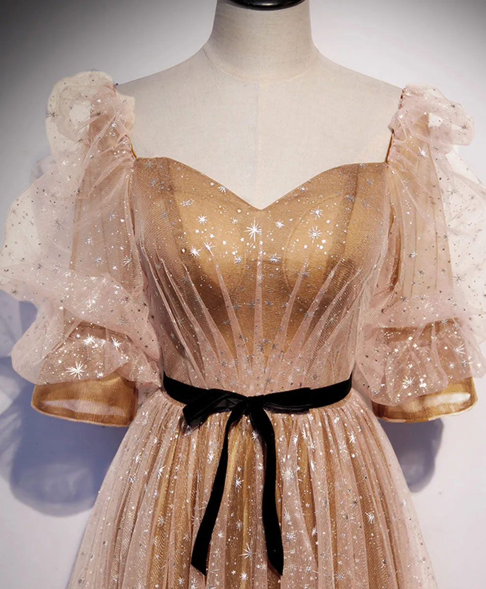 Gold Tulle Long Prom Dress A line Gold Formal Graduation Party Dress