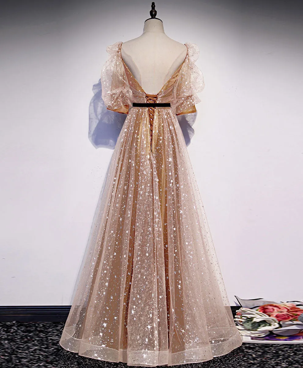 Gold Tulle Long Prom Dress A line Gold Formal Graduation Party Dress
