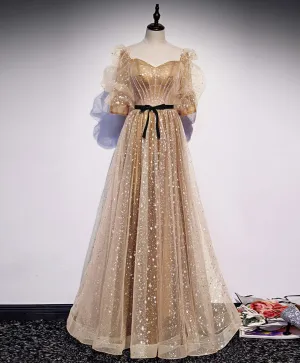 Gold Tulle Long Prom Dress A line Gold Formal Graduation Party Dress