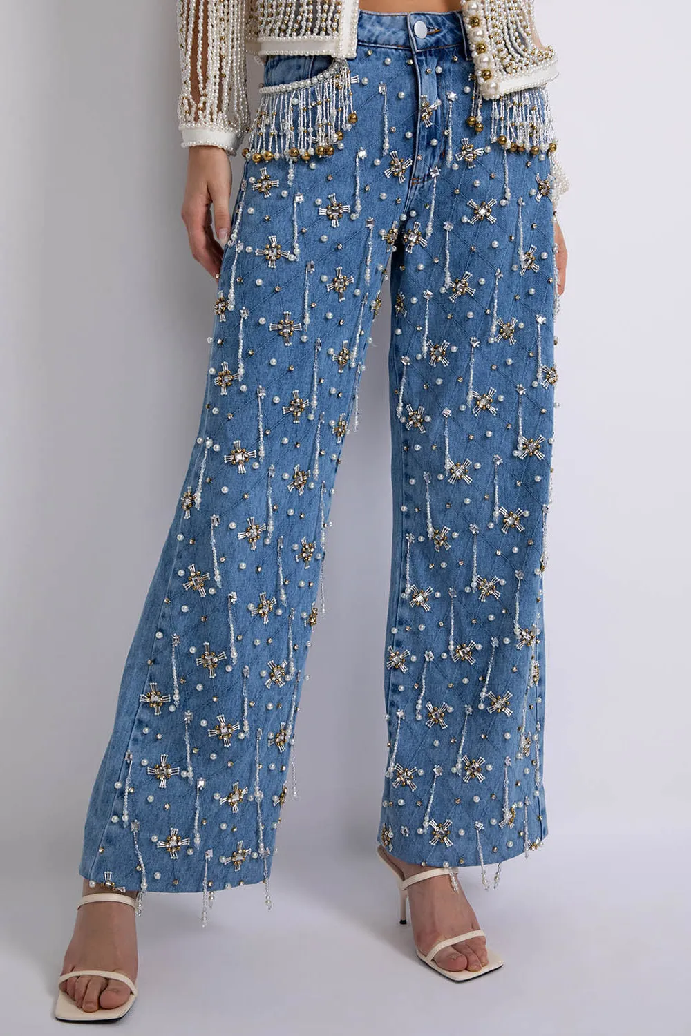 HAND-BEADED HIGH WAIST JEANS