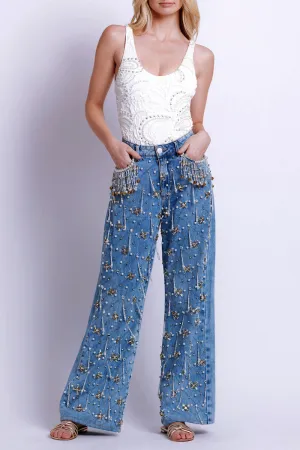 HAND-BEADED HIGH WAIST JEANS
